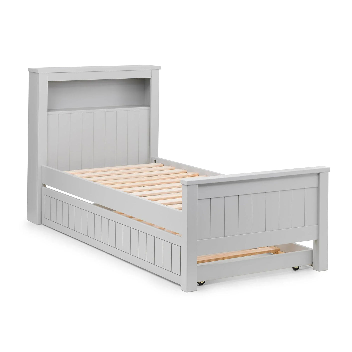 Grey wooden bookcase bed with storage shelf and trundle drawer, angled front view