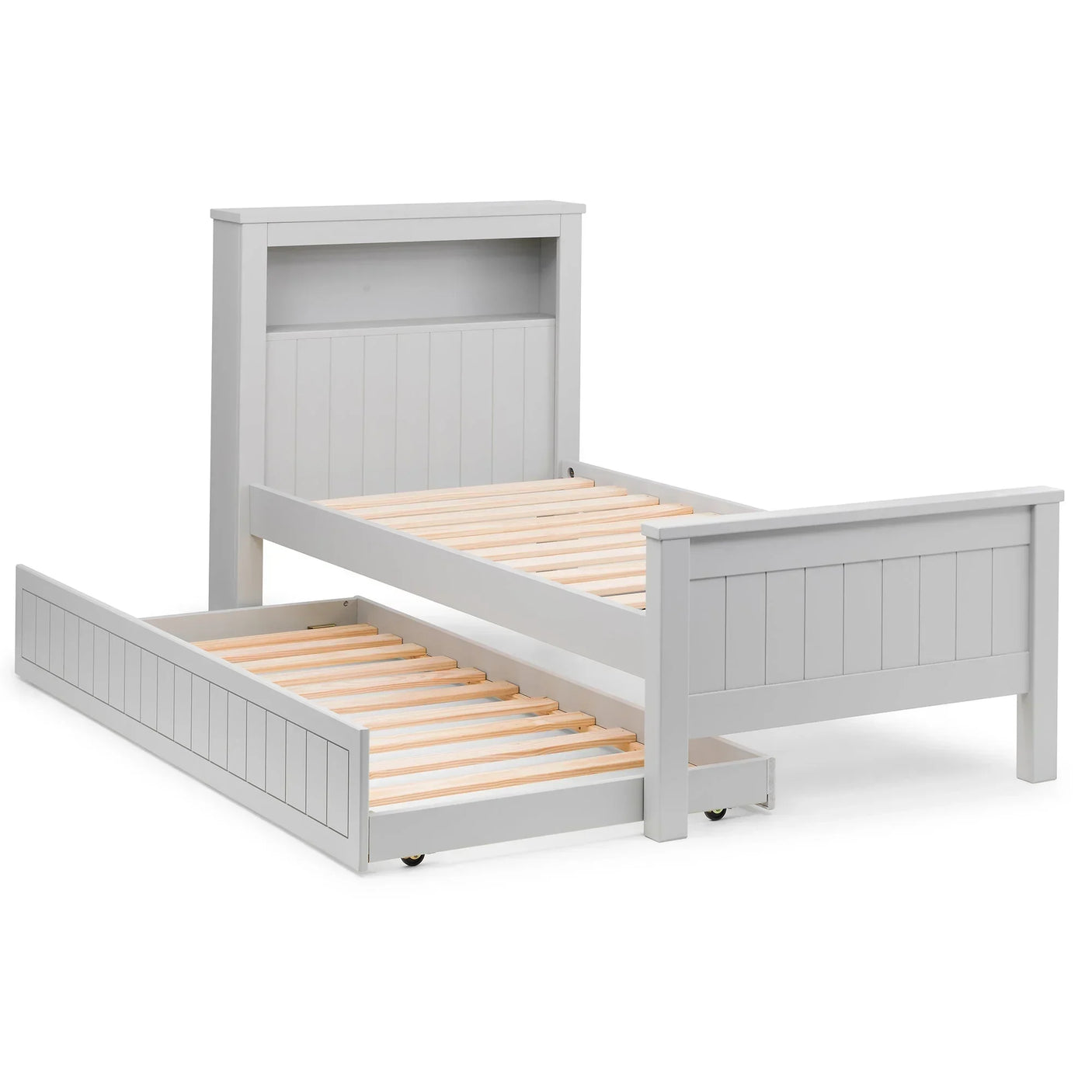 Grey wooden bookcase bed with pull-out underbed drawer and slatted base