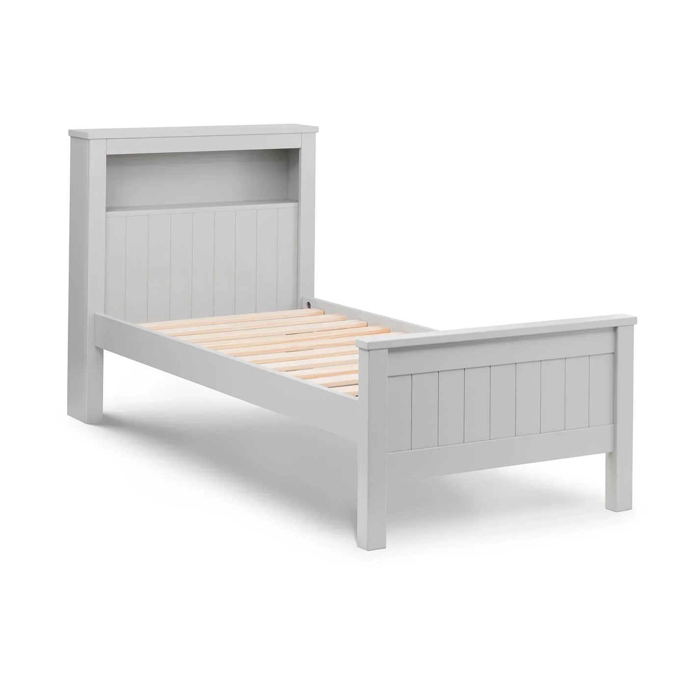 Grey wooden bookcase bed frame with slatted base and built-in headboard shelf