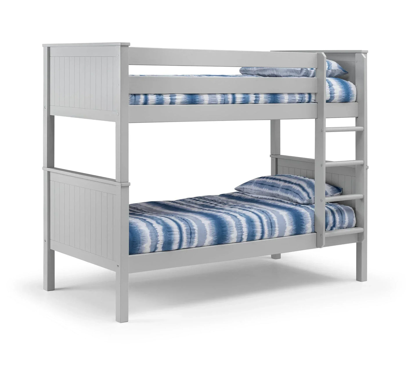 Dove grey wooden bunk bed with ladder, blue striped bedding, side angle view