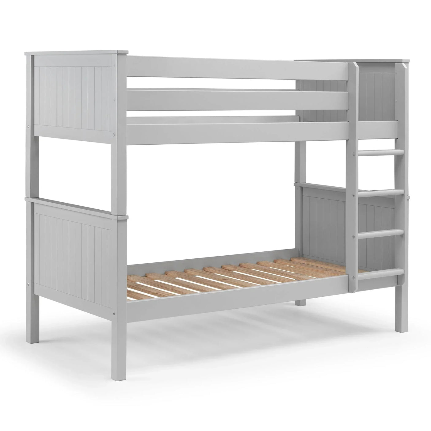 Dove grey wooden bunk bed with slatted base and built-in ladder, side view