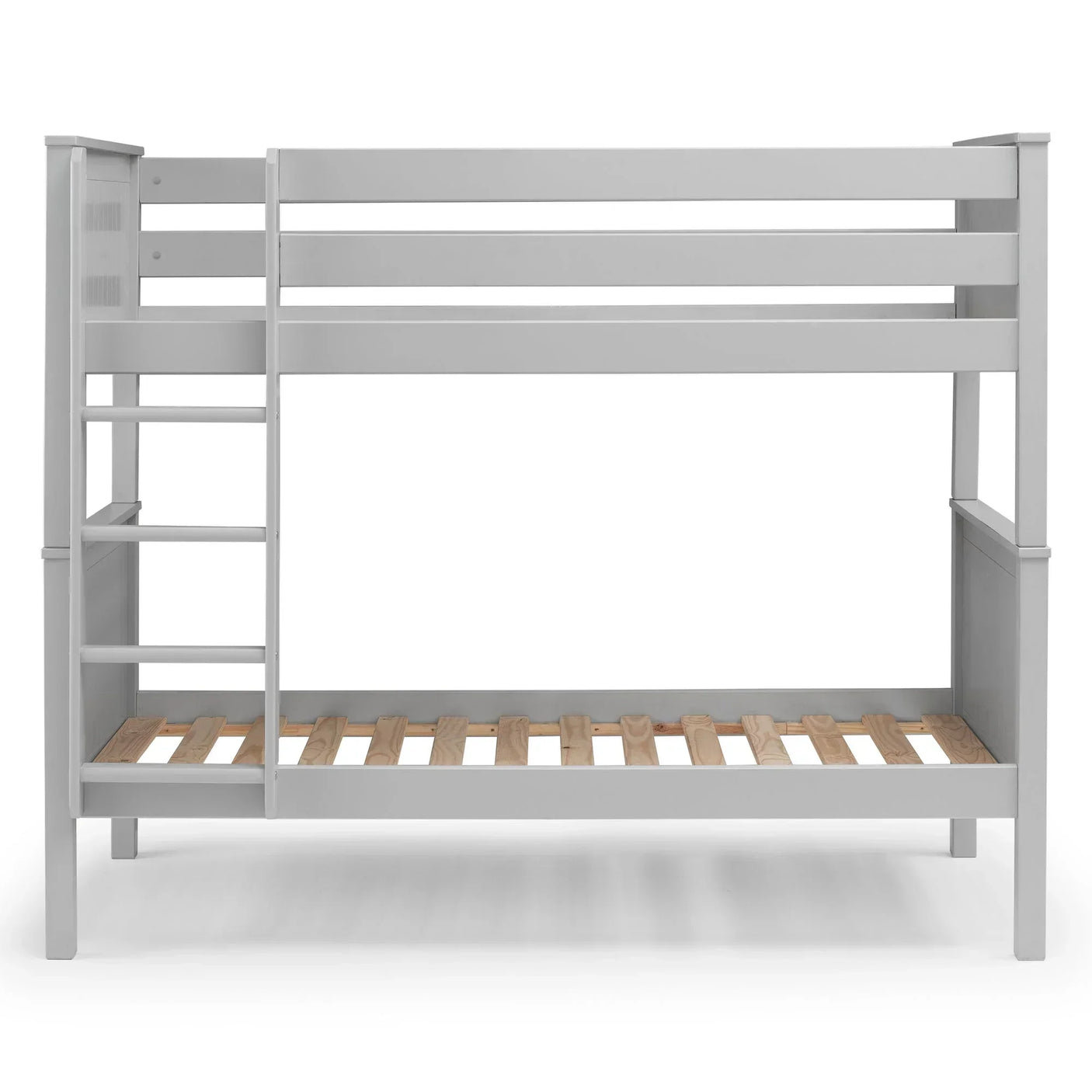 Dove grey wooden bunk bed with built-in ladder and slatted bases, front view