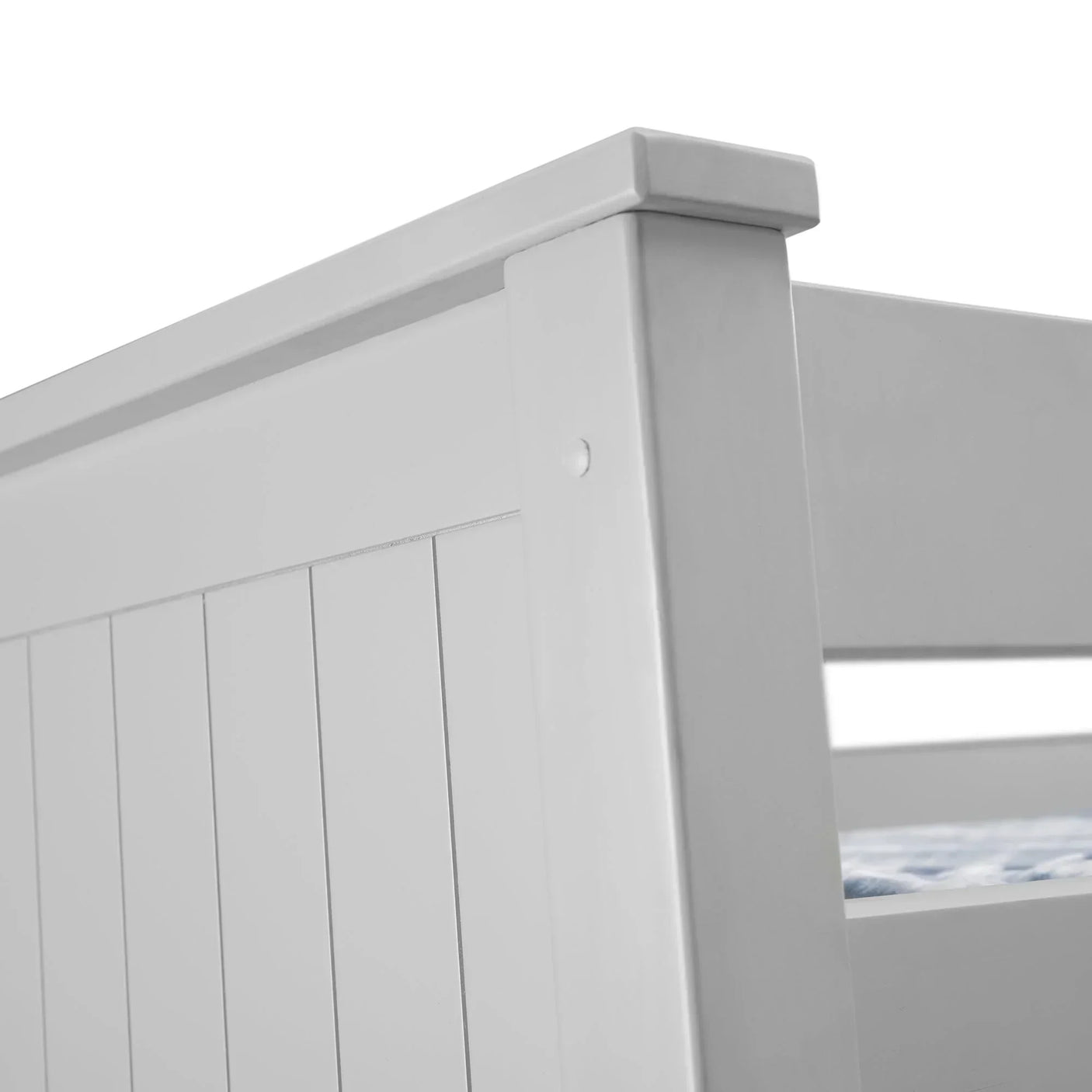 Dove grey bunk bed with vertical panel detailing and wooden frame corner close-up