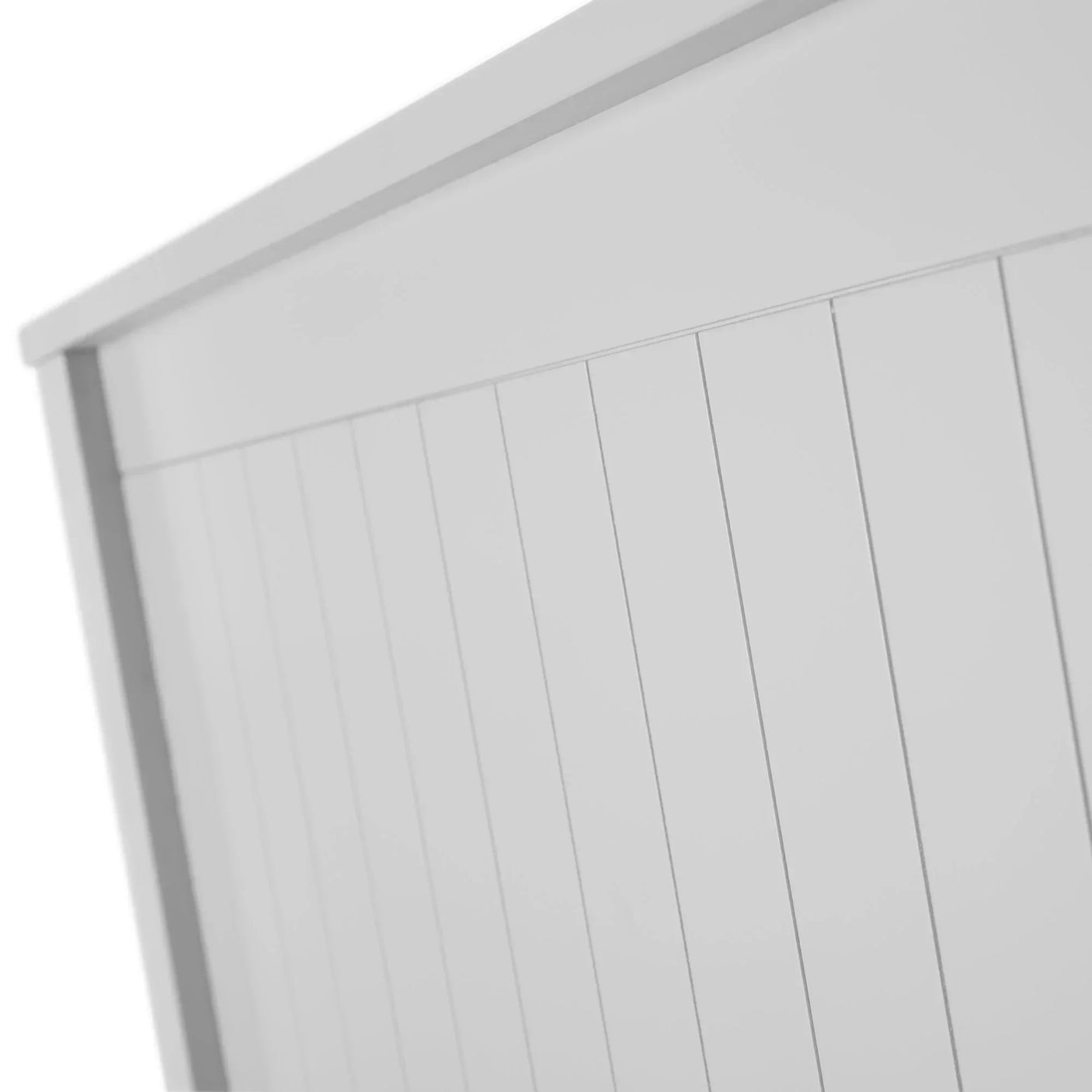 Close-up of dove grey bunk bed panel with vertical slats and smooth painted wood finish