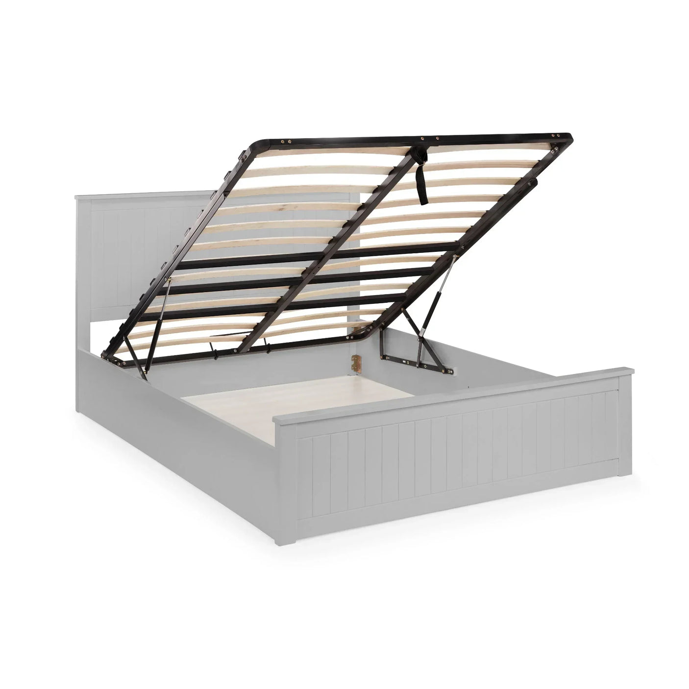 Light grey ottoman storage bed frame with raised slatted base and paneled headboard