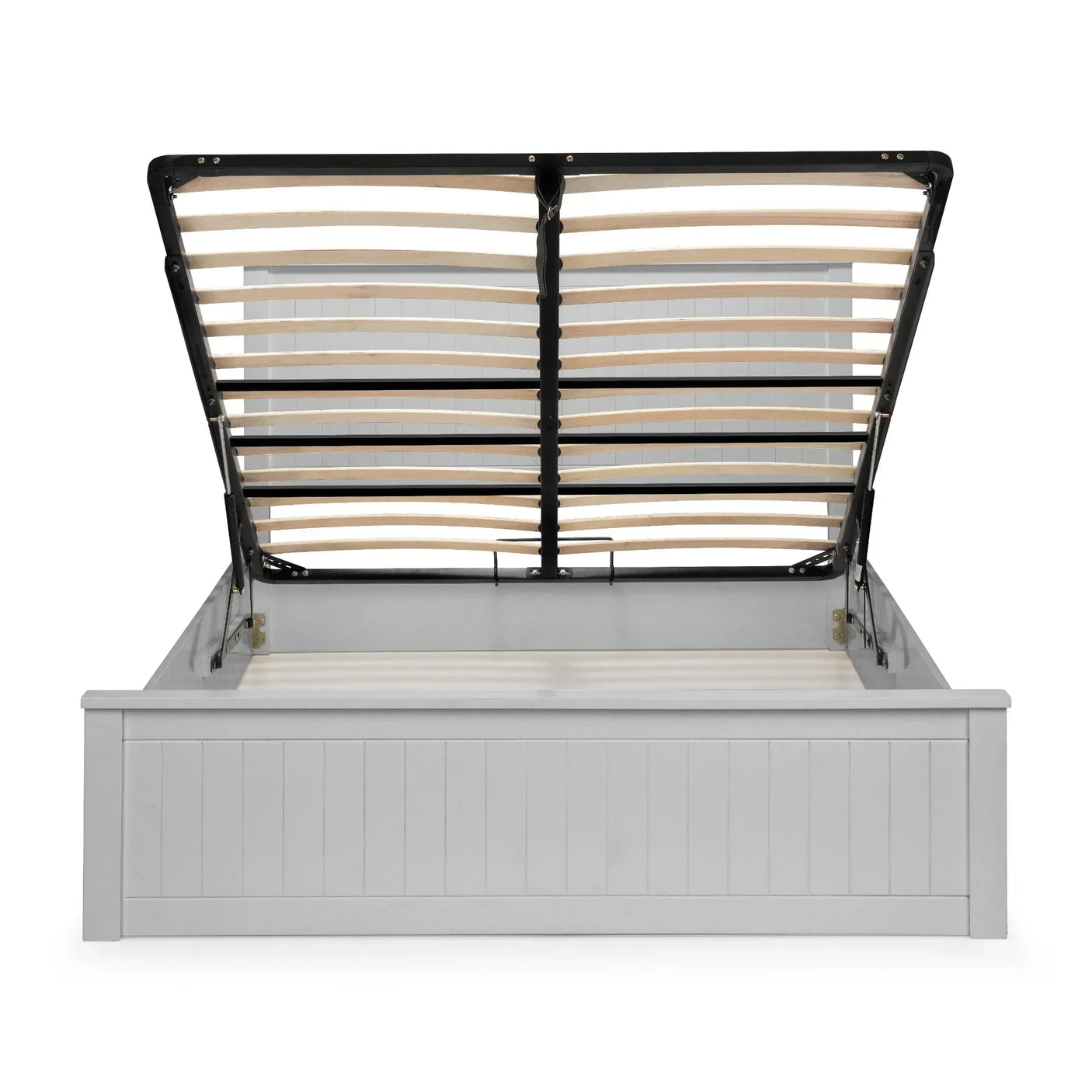 White ottoman storage bed frame with raised slatted base, front view