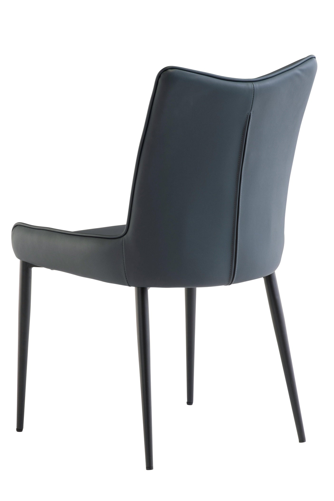 Dark grey dining chair with metal legs and padded backrest, rear angled view