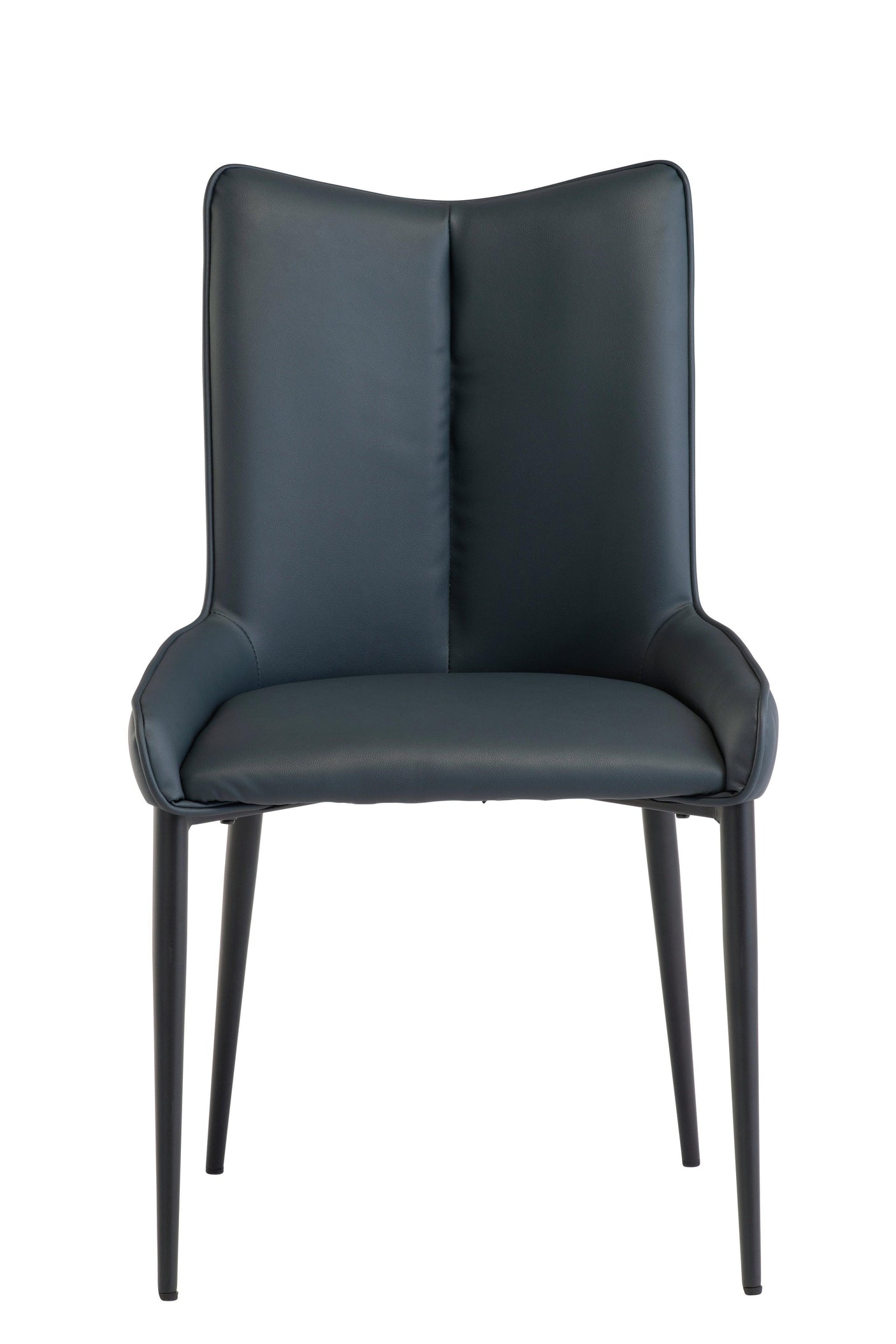 Black faux leather dining chair with angled backrest and tapered metal legs, front view