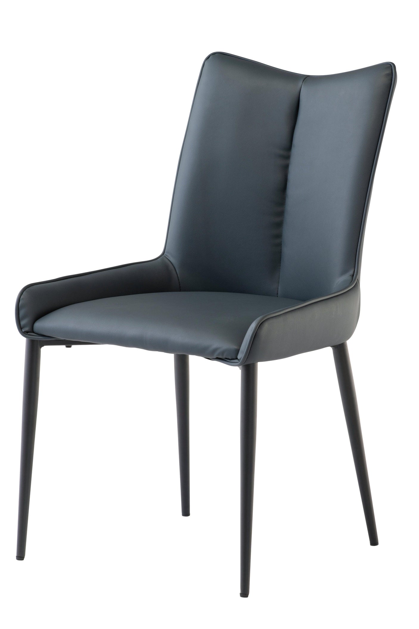 Black upholstered dining chair with padded seat and slender metal legs, front angle