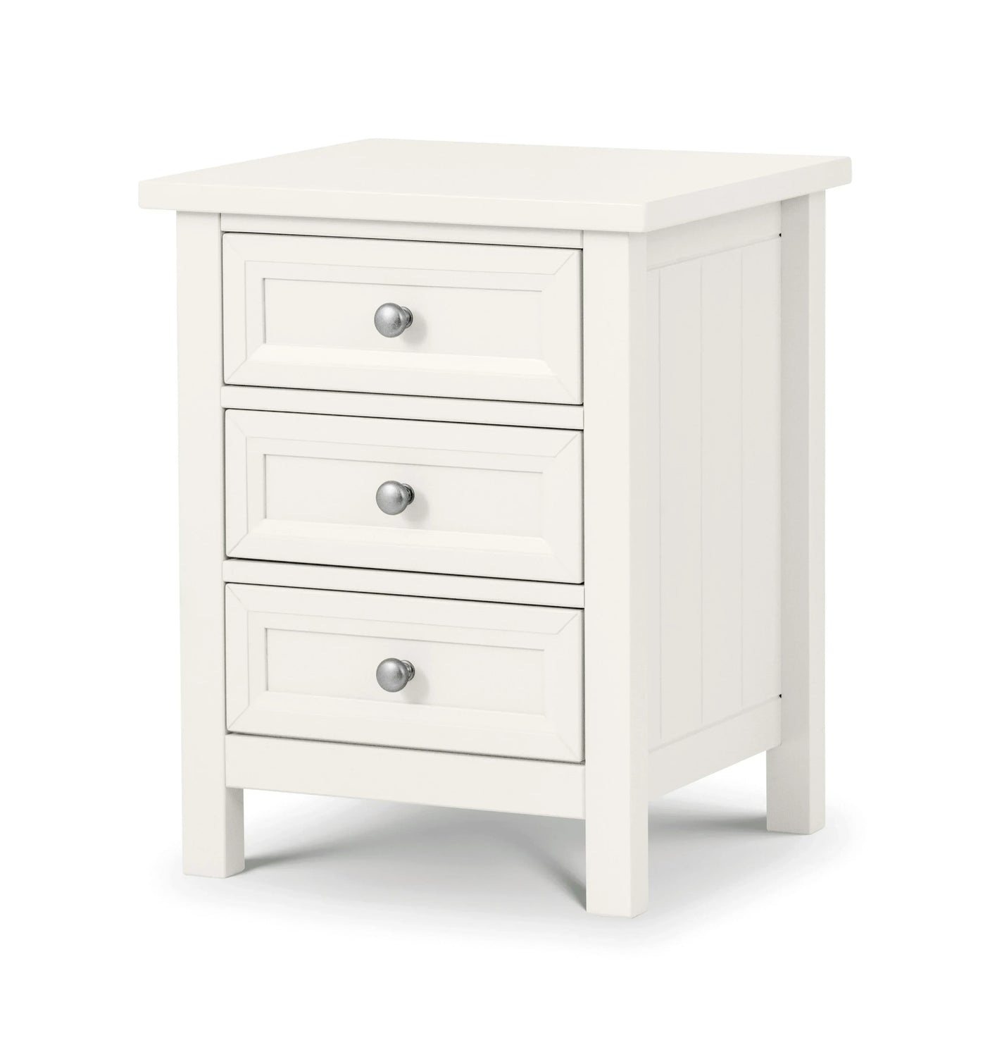 White three drawer bedside table with silver knobs, panelled sides and straight legs