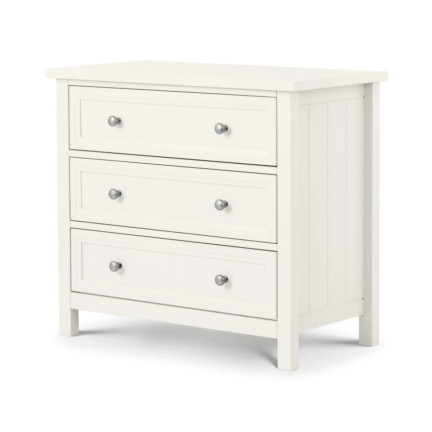 White three drawer chest with silver handles and panelled side detail
