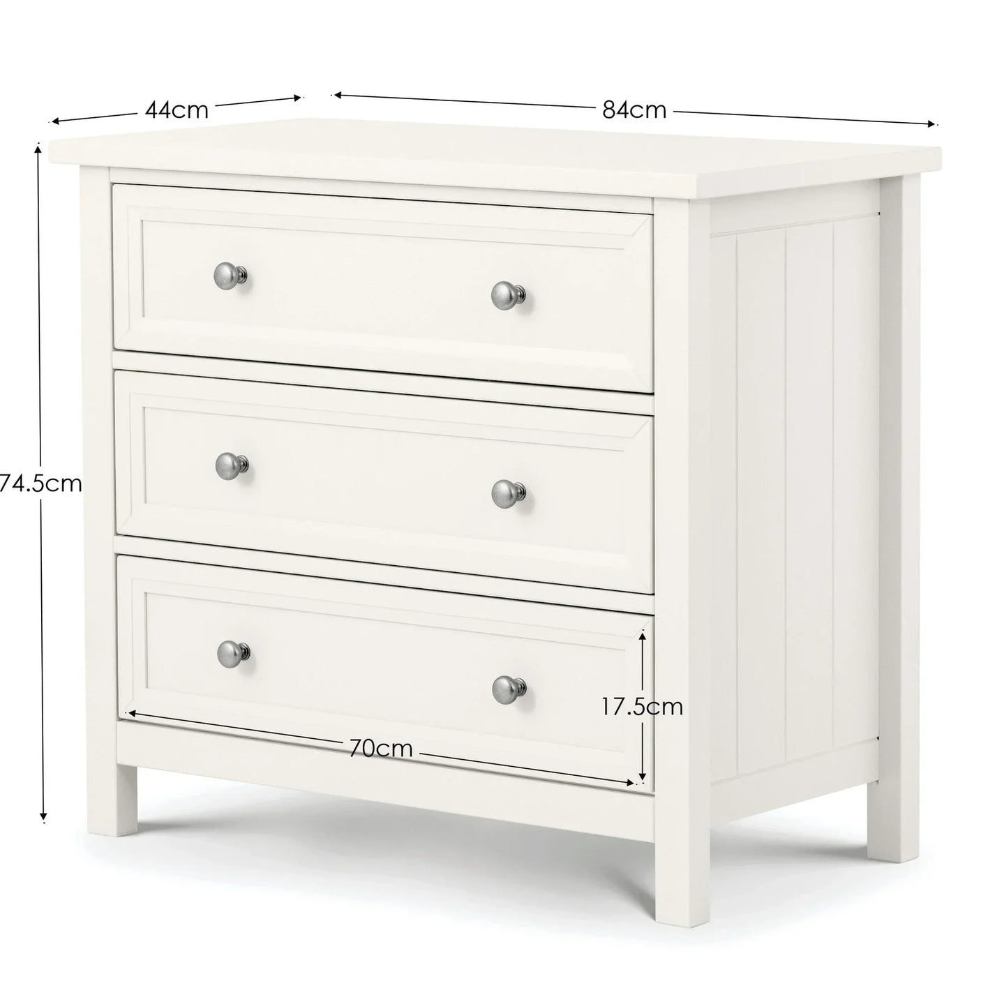 White chest of drawers with three drawers, silver handles, and visible measurements in cm