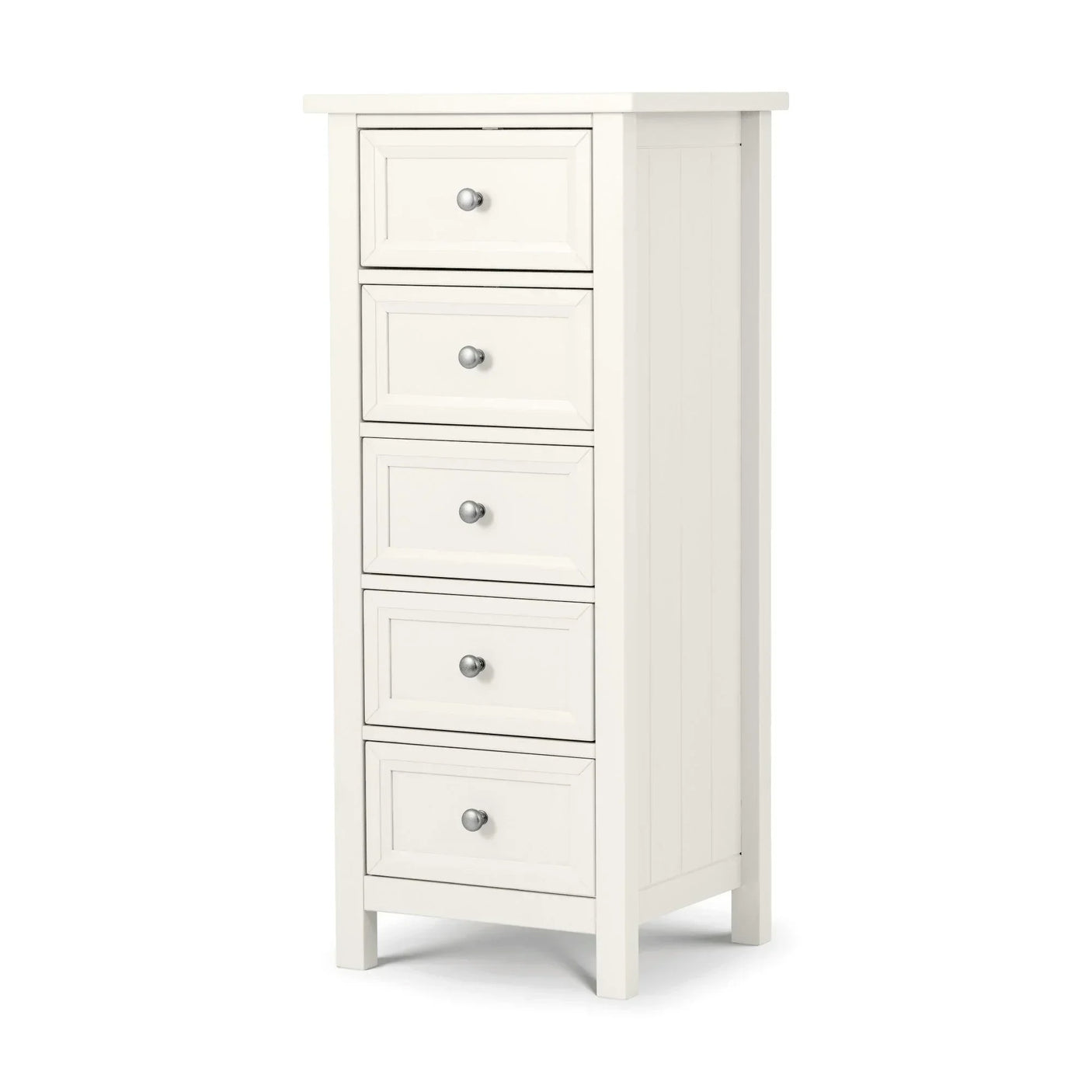 White tall chest of drawers with five drawers and silver handles, angled front view