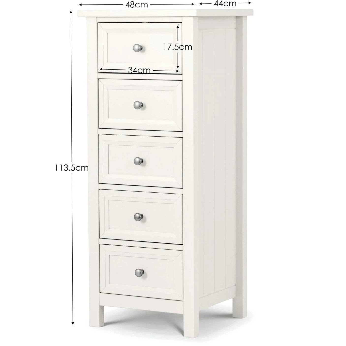 White tall chest of drawers with five drawers, metal handles, and dimension labels
