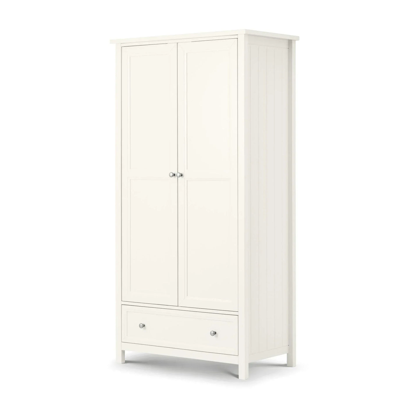 White wooden wardrobe with two panel doors and single bottom drawer, angled front view