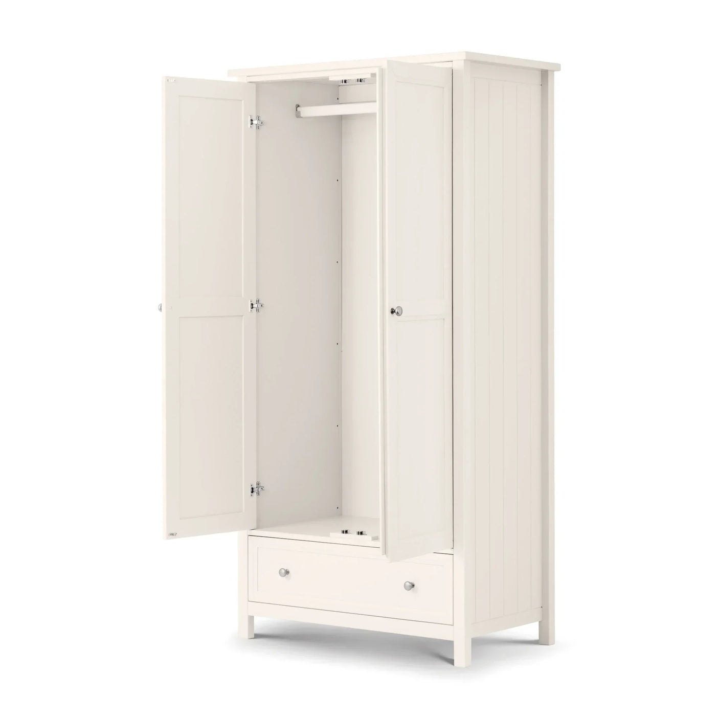 White wooden wardrobe with double doors open and single bottom drawer visible