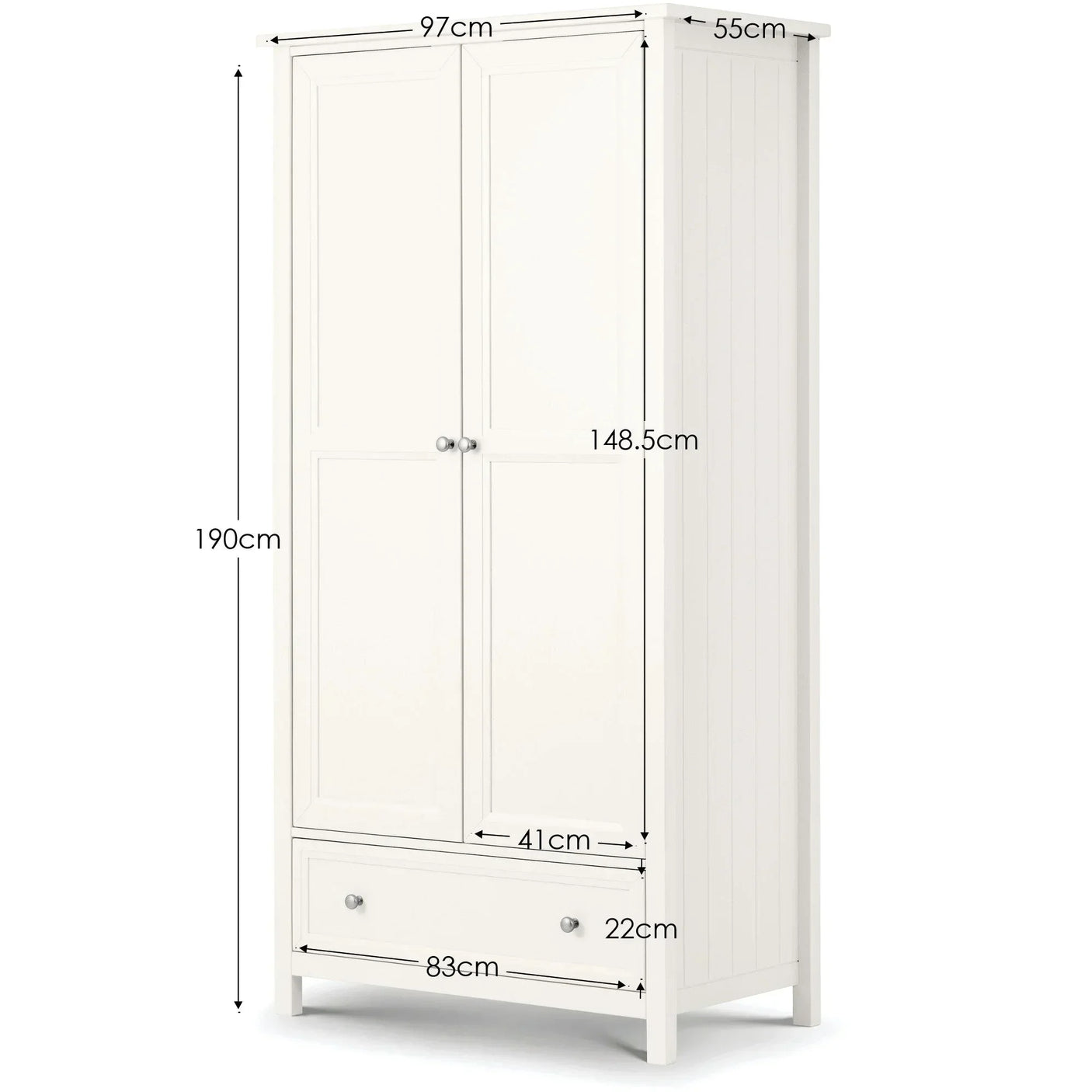 White two-door wardrobe with drawer, showing measurements for height, width, and depth