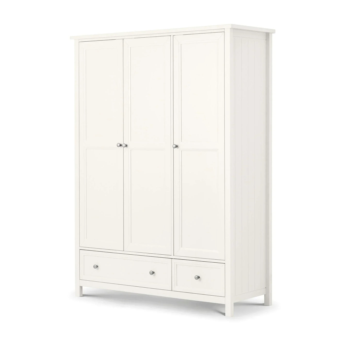 White three door wardrobe with panel doors, two drawers, and sleek metal handles