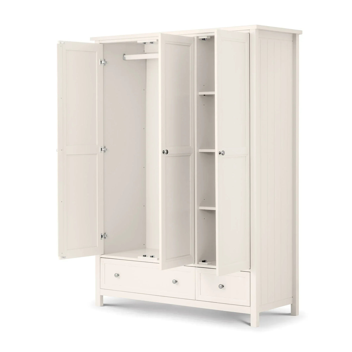 Surf white three door wardrobe with open doors, hanging rail, shelves and two drawers