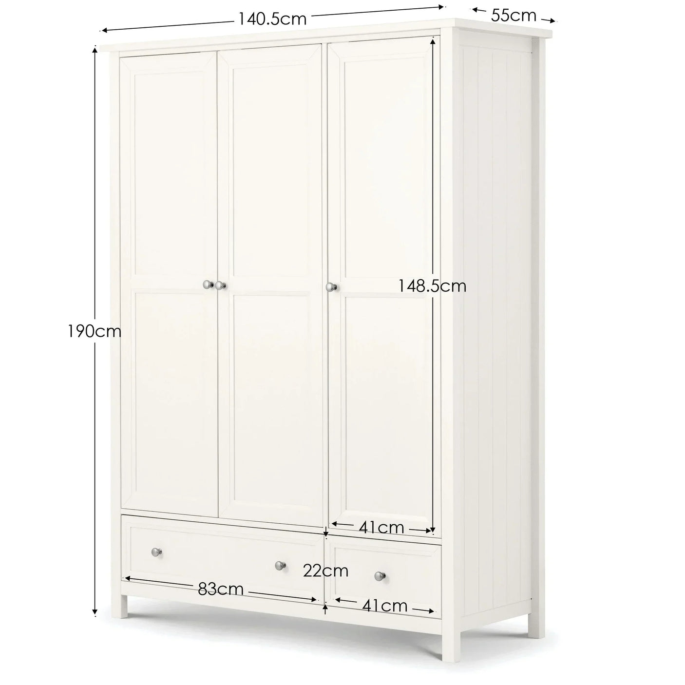 White three-door wardrobe with storage drawers, panel design, and dimensions shown