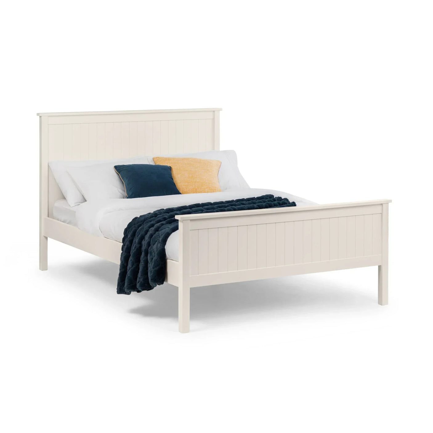 Cream wooden bed frame with panel headboard, dressed with white bedding and accent pillows