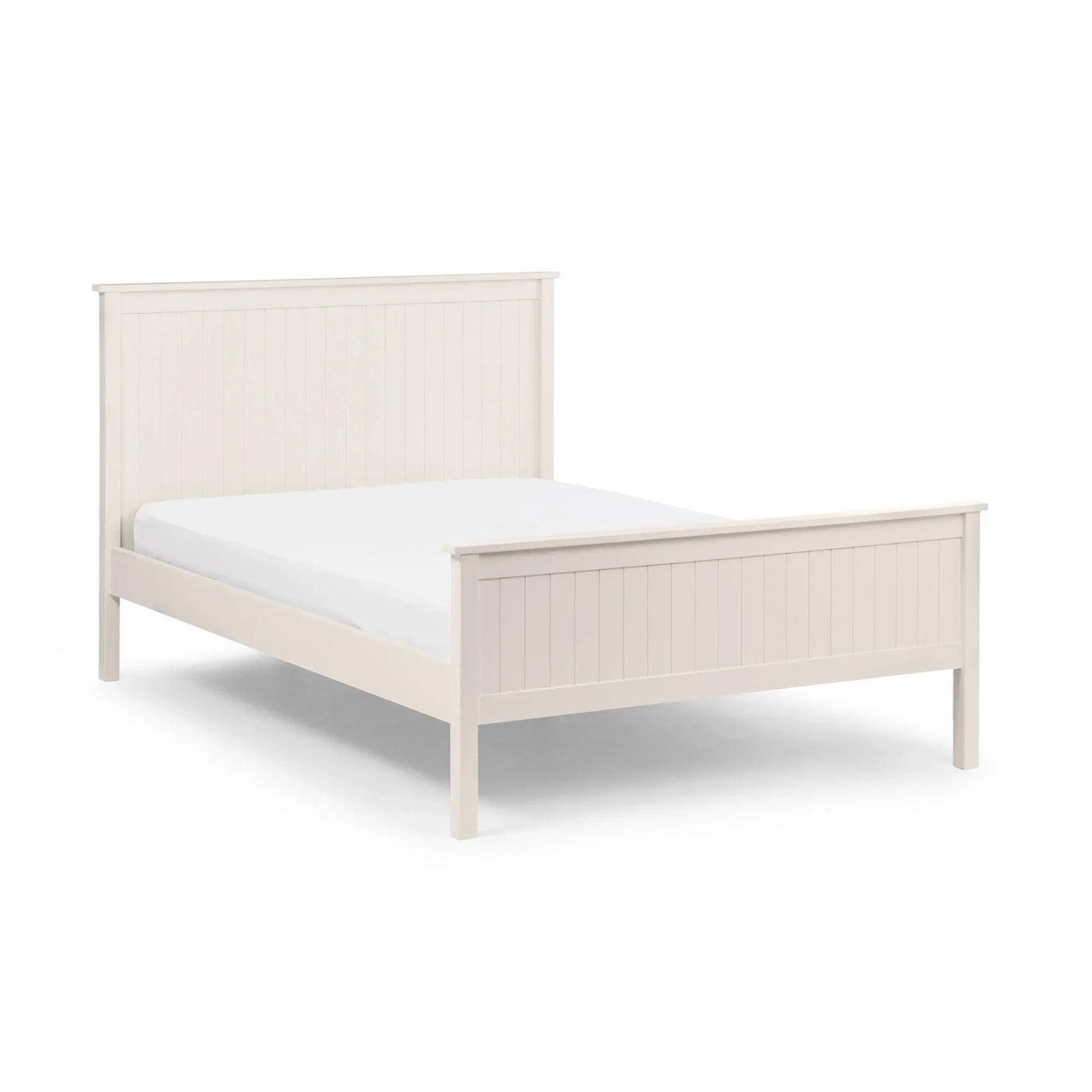 White wooden bed frame with slatted headboard and footboard, angled side view