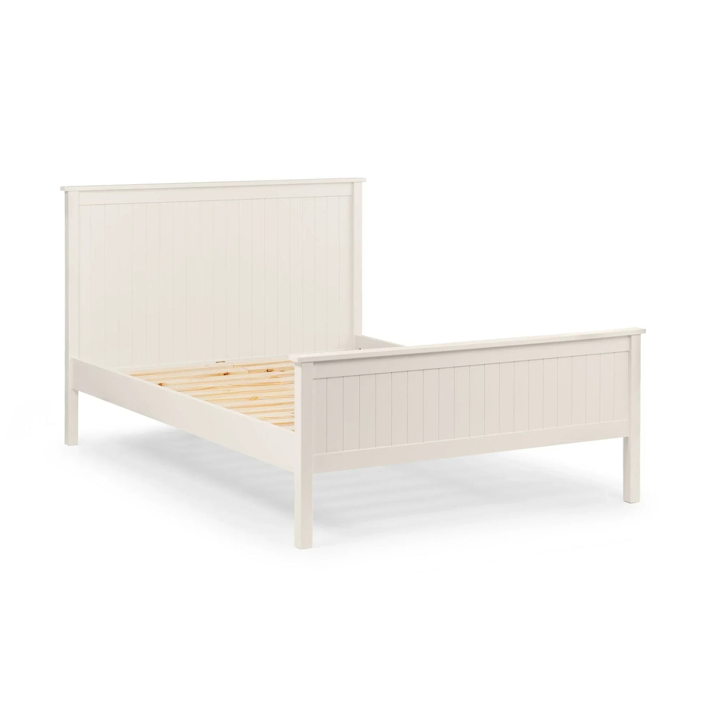 White wooden bed frame with slatted base and panelled headboard, angled view