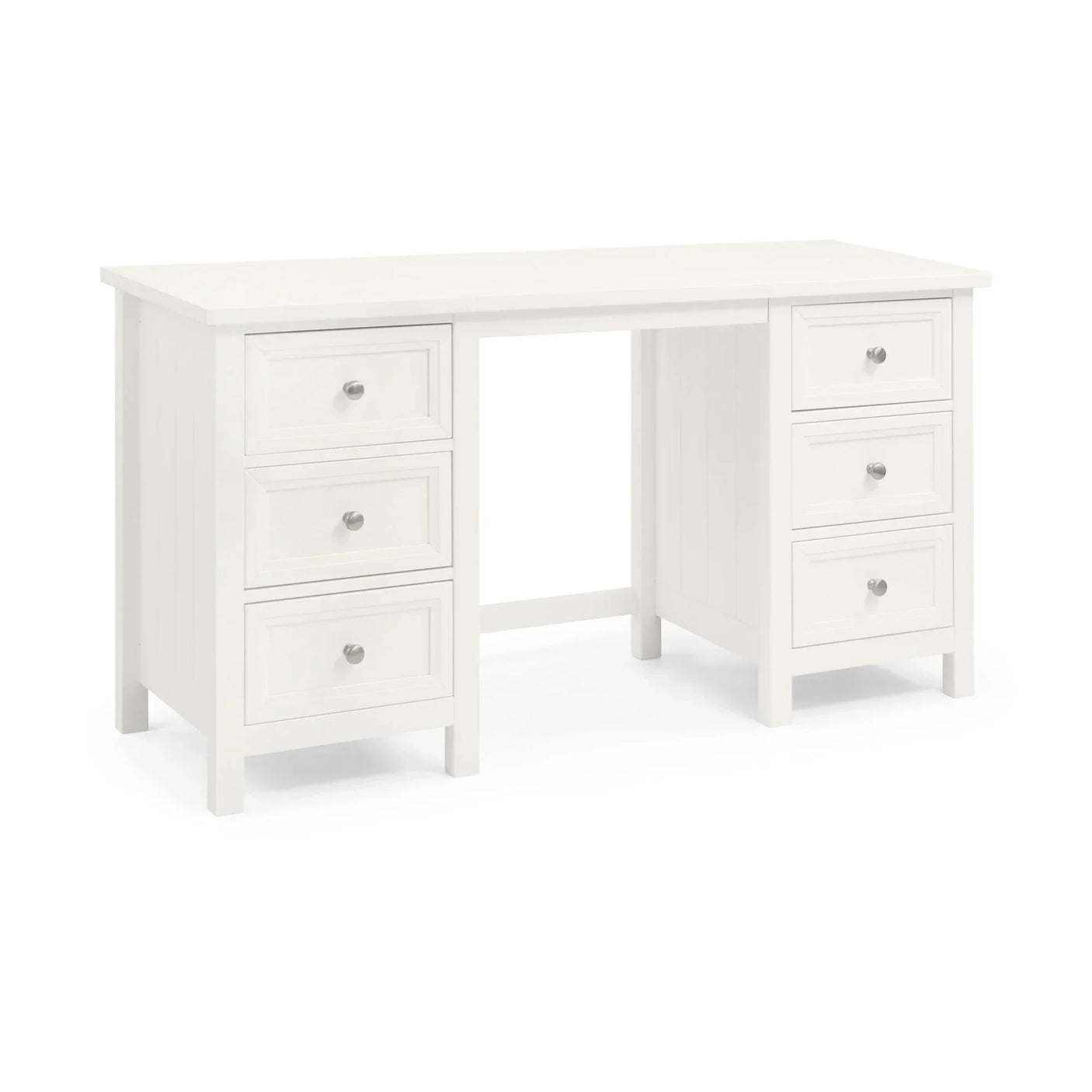 White wooden desk with six drawers and silver handles, shown from front angle