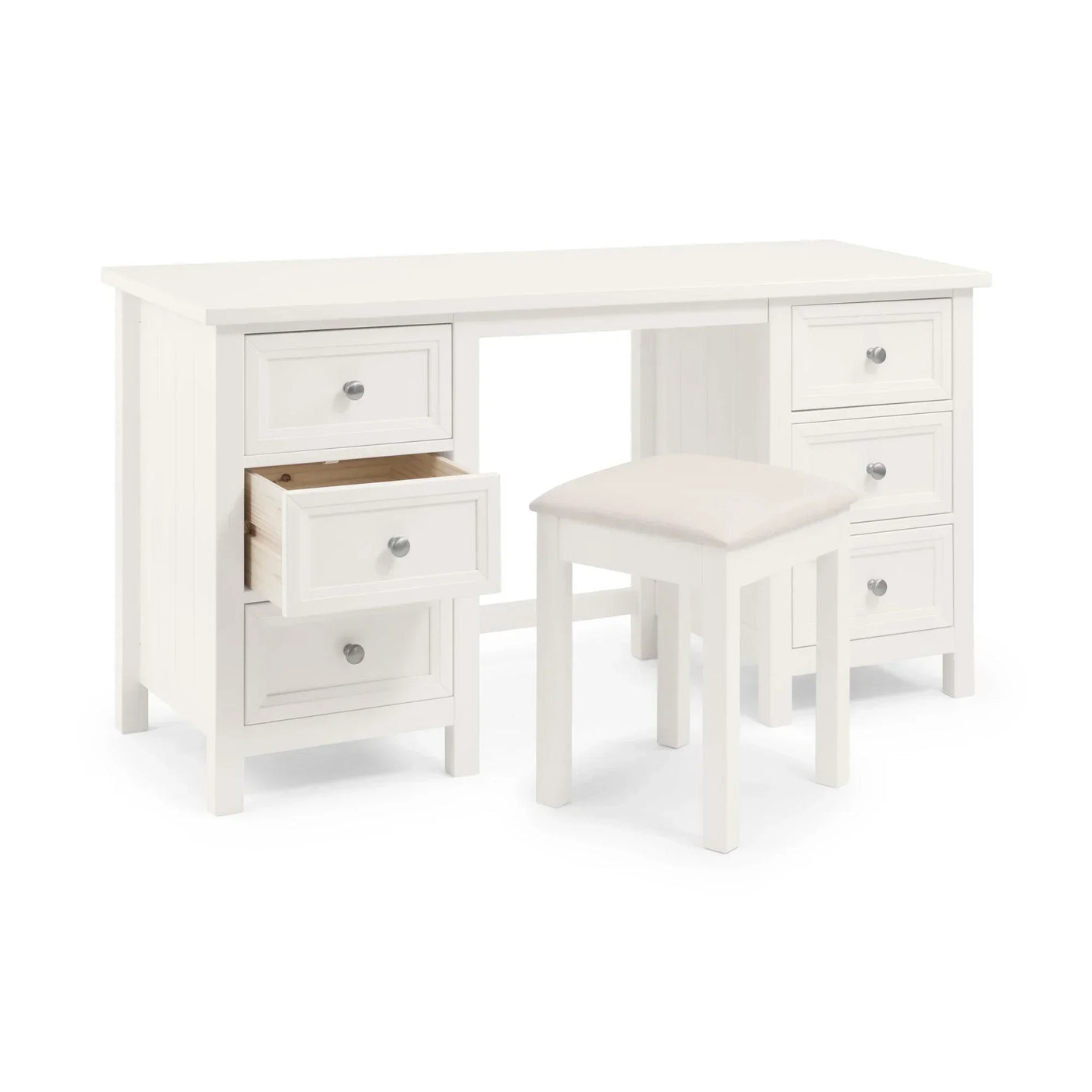 White dressing table with six drawers, one open, and matching padded stool on white background
