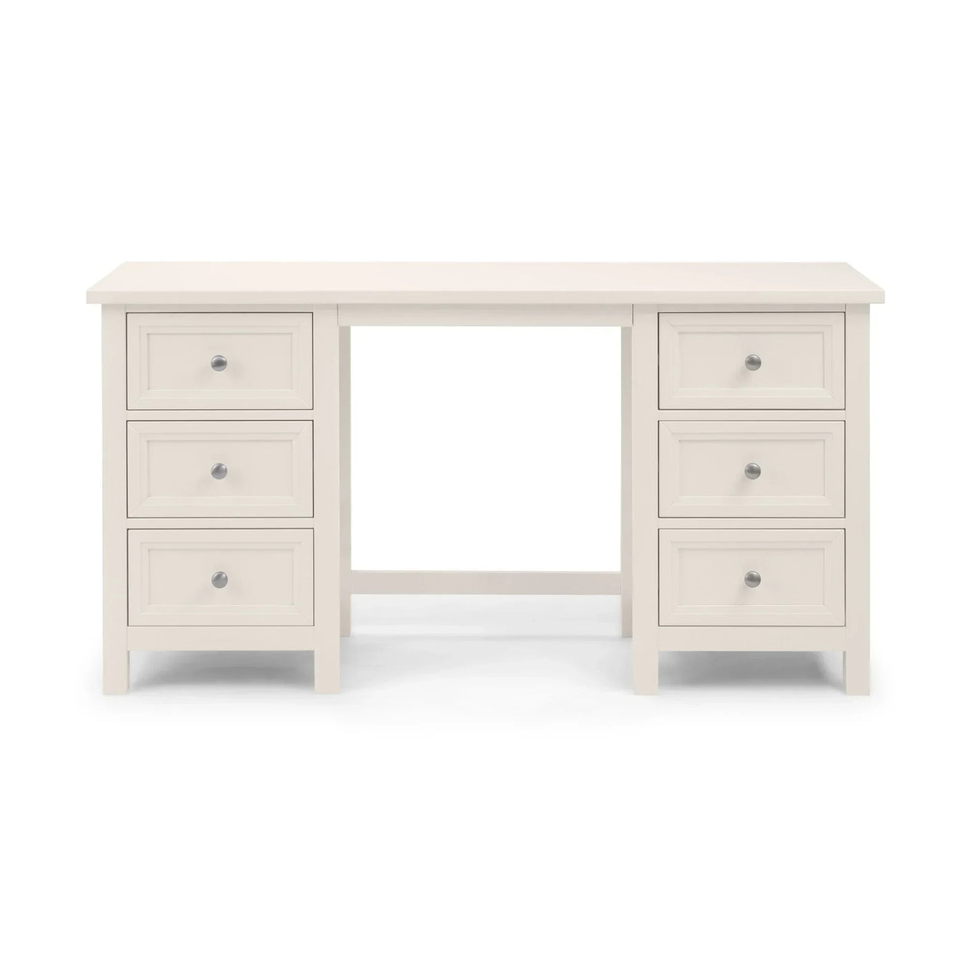White wooden desk with six drawers and a flat top, shown from the front