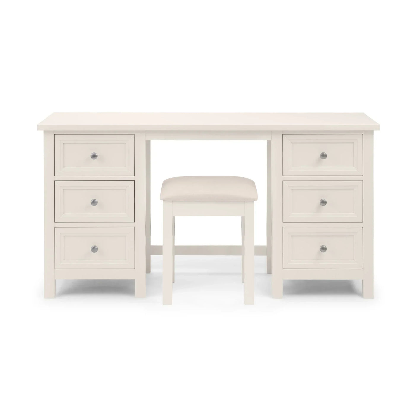 Cream wooden dressing table with six drawers and matching cushioned stool