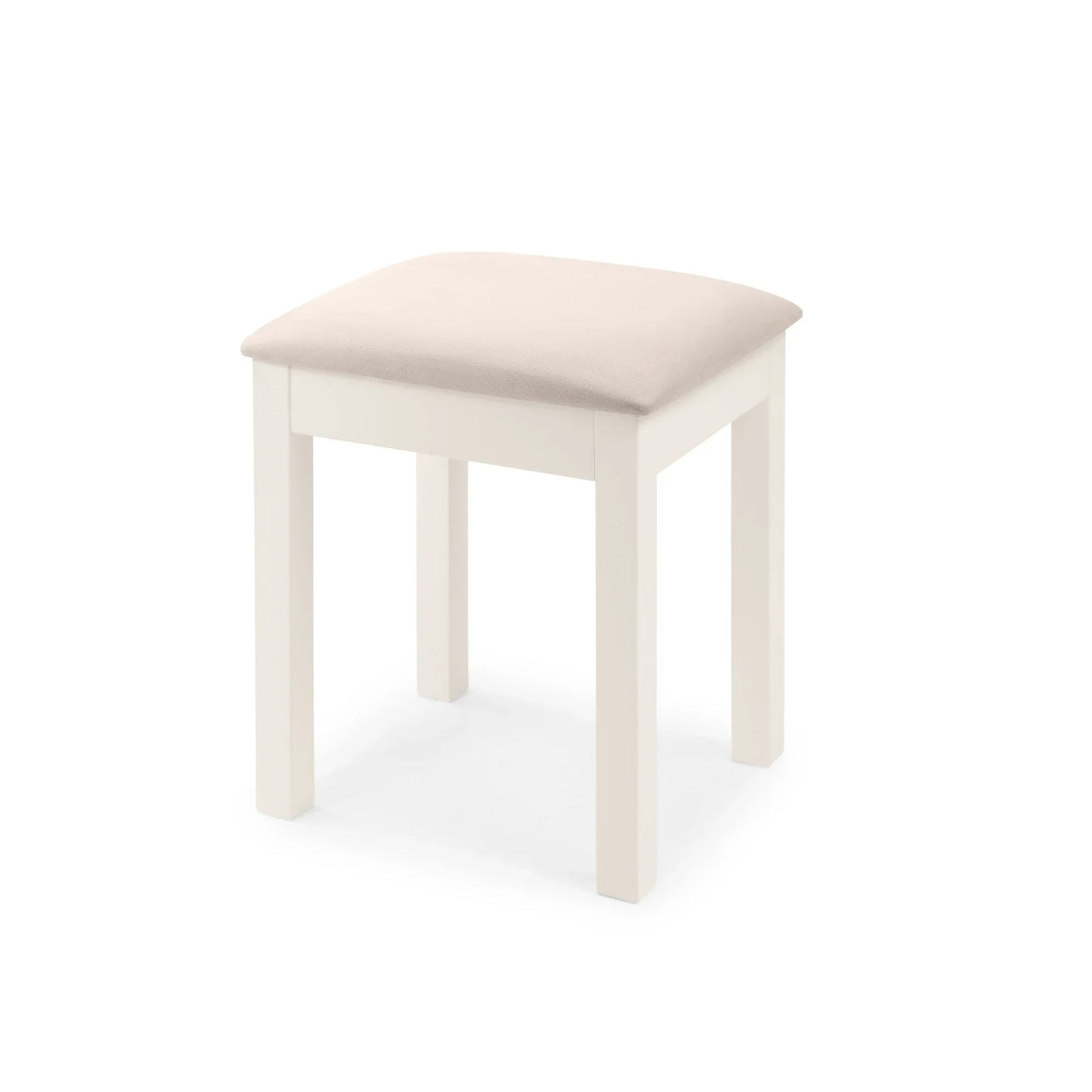 Cream cushioned bedroom stool with square legs and upholstered seat