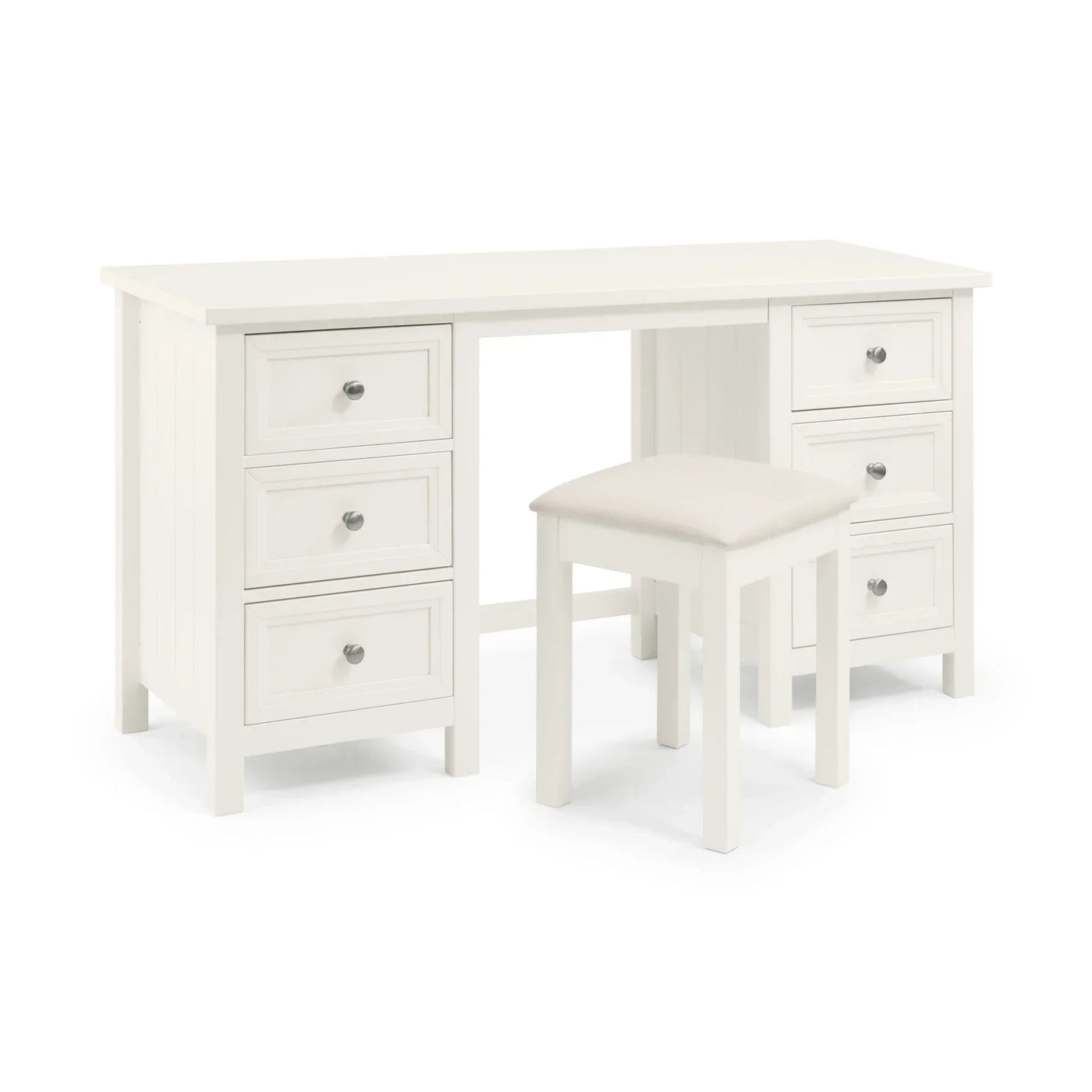 White dressing table with six drawers and matching cushioned stool on white background