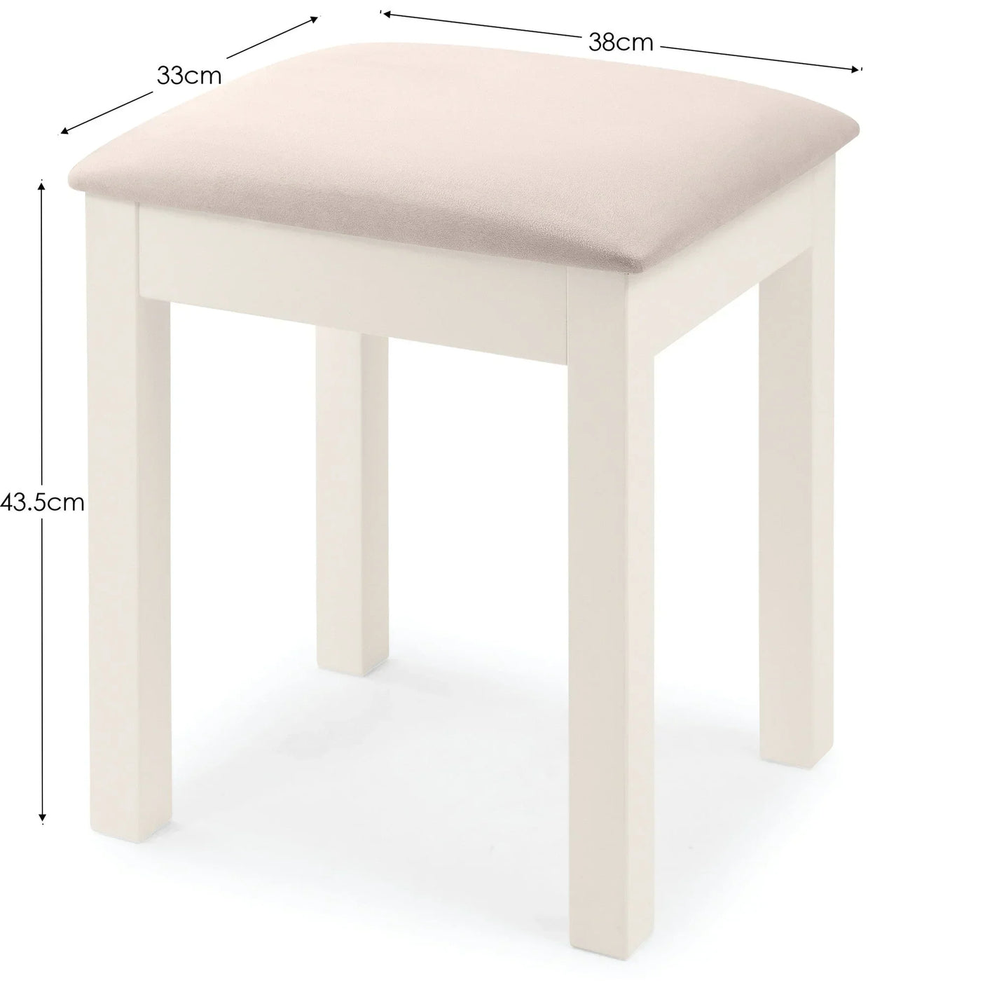Cream wooden dressing table stool with soft beige seat, shown with height and width dimensions