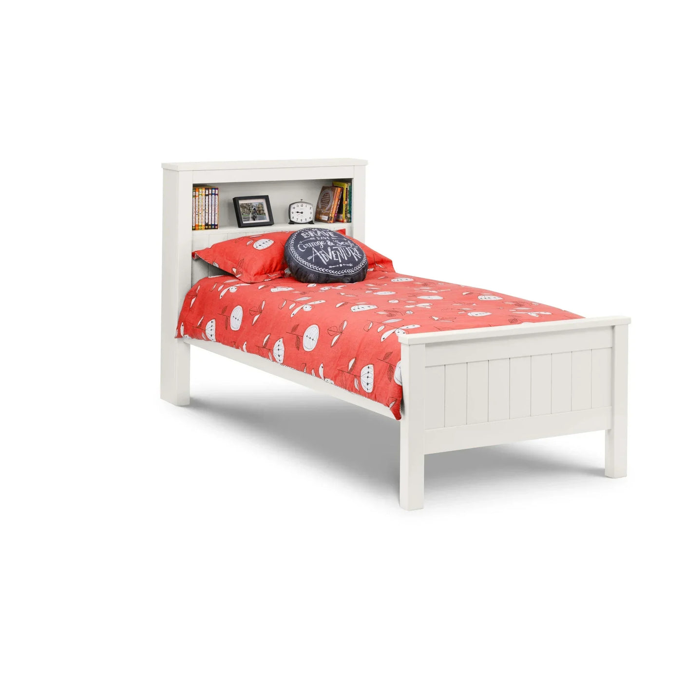 White single storage bed with shelf headboard, red duvet and decorative pillows