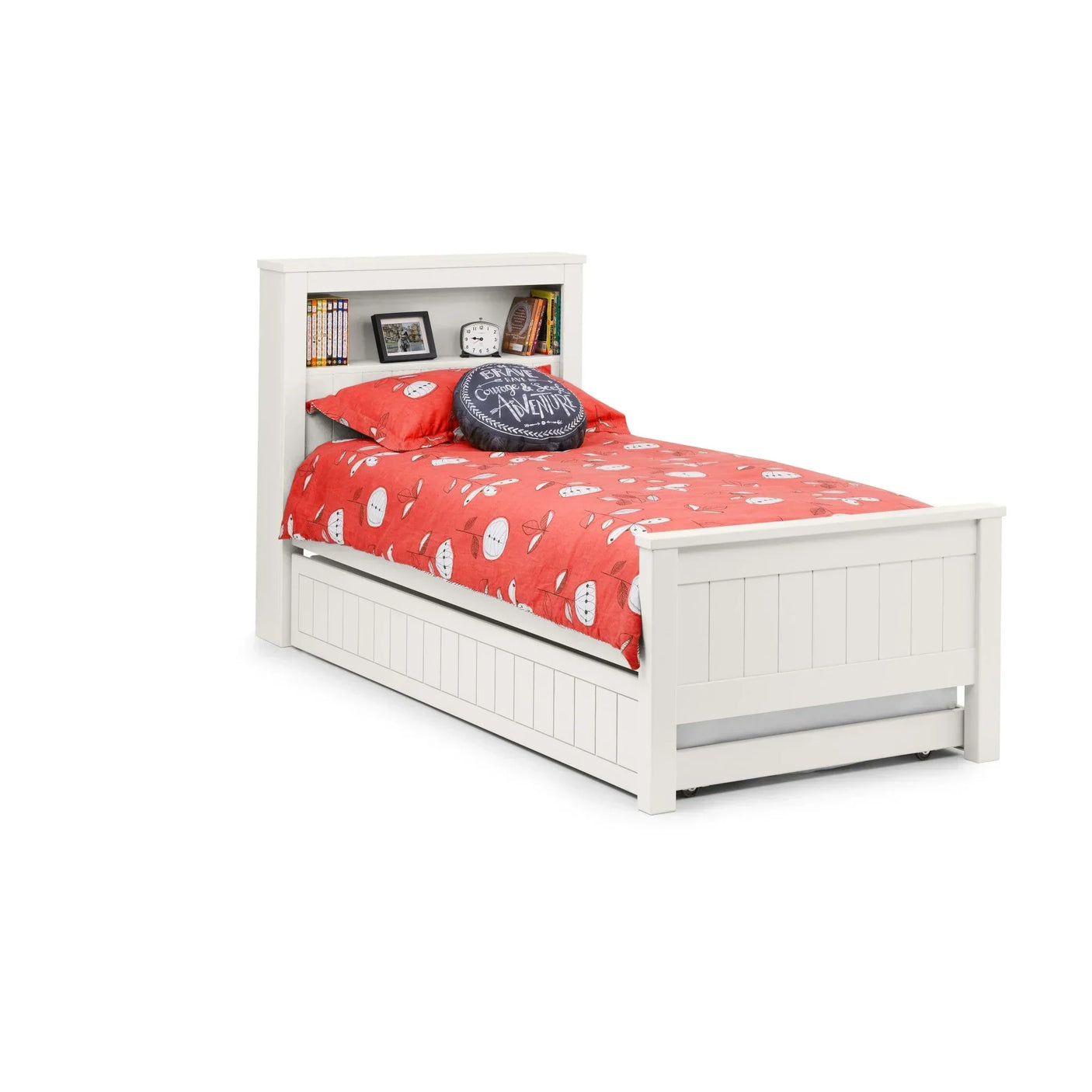 White single bed with underbed storage, built-in bookshelf headboard, red bedding
