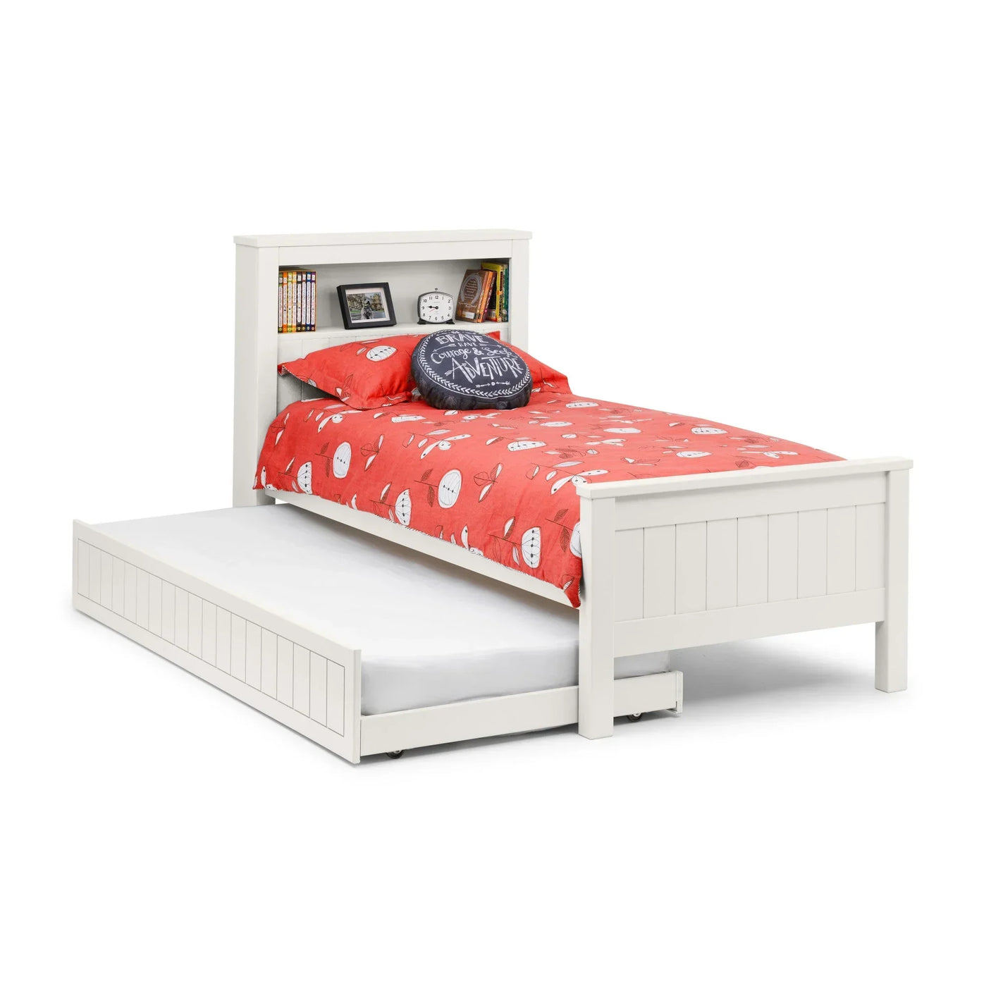 White wooden single bed with pull-out trundle and shelf headboard, red bedding, front view