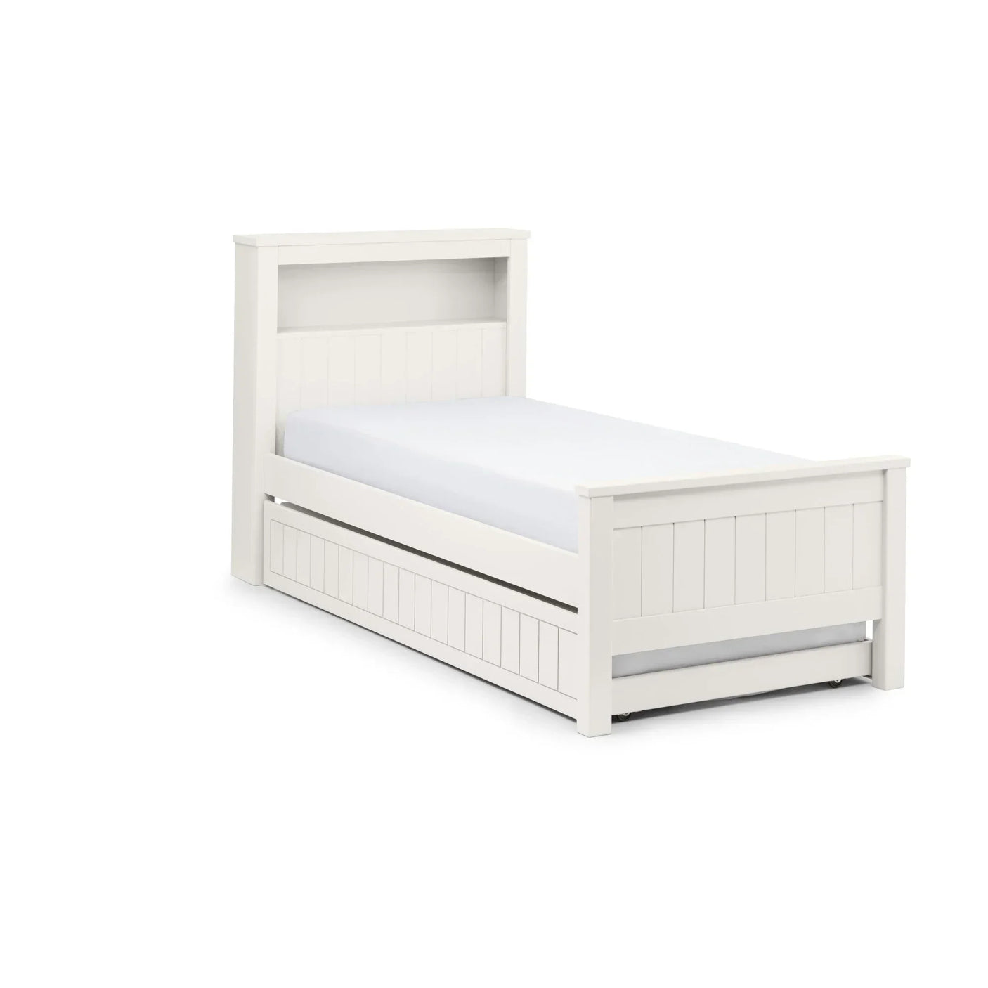 White wooden single bed with trundle drawer and paneled headboard design