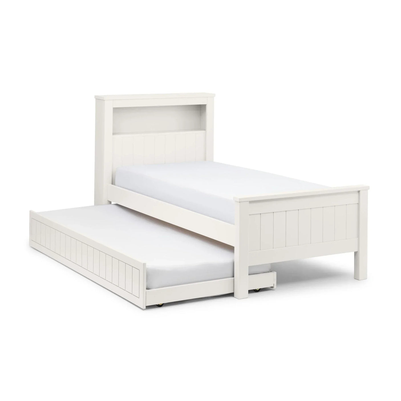 White wooden trundle bed with slatted headboard and pull-out guest bed