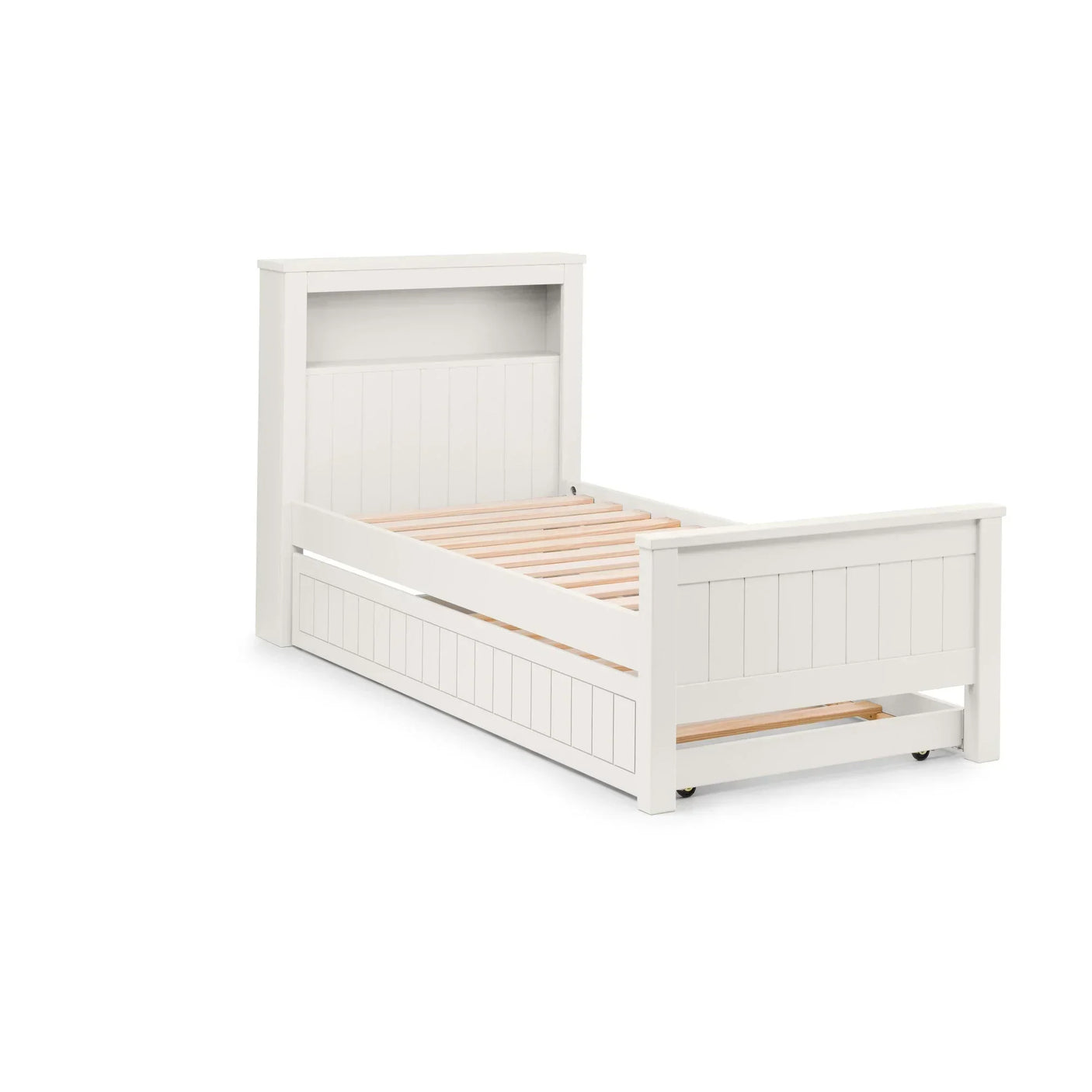 White wooden single bed frame with panelled headboard, open under-bed storage drawer