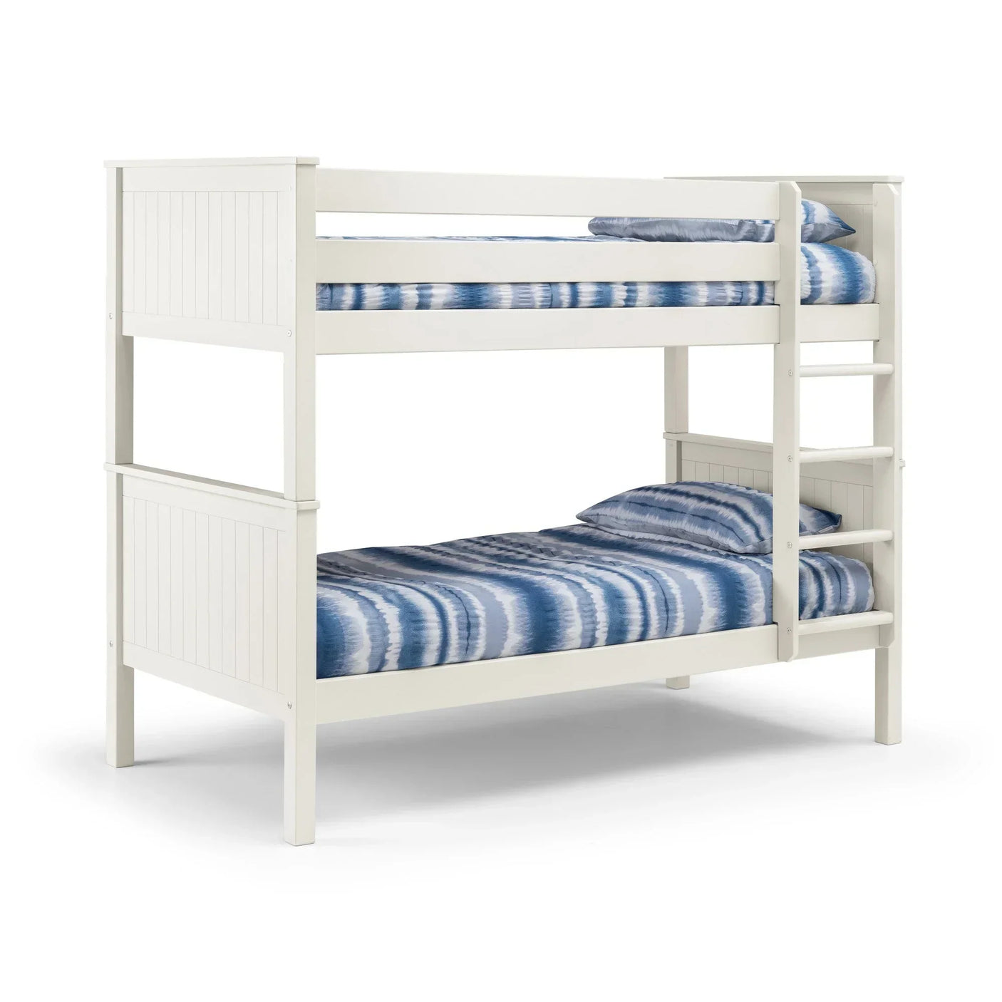White wooden bunk bed with ladder and blue striped bedding on both levels