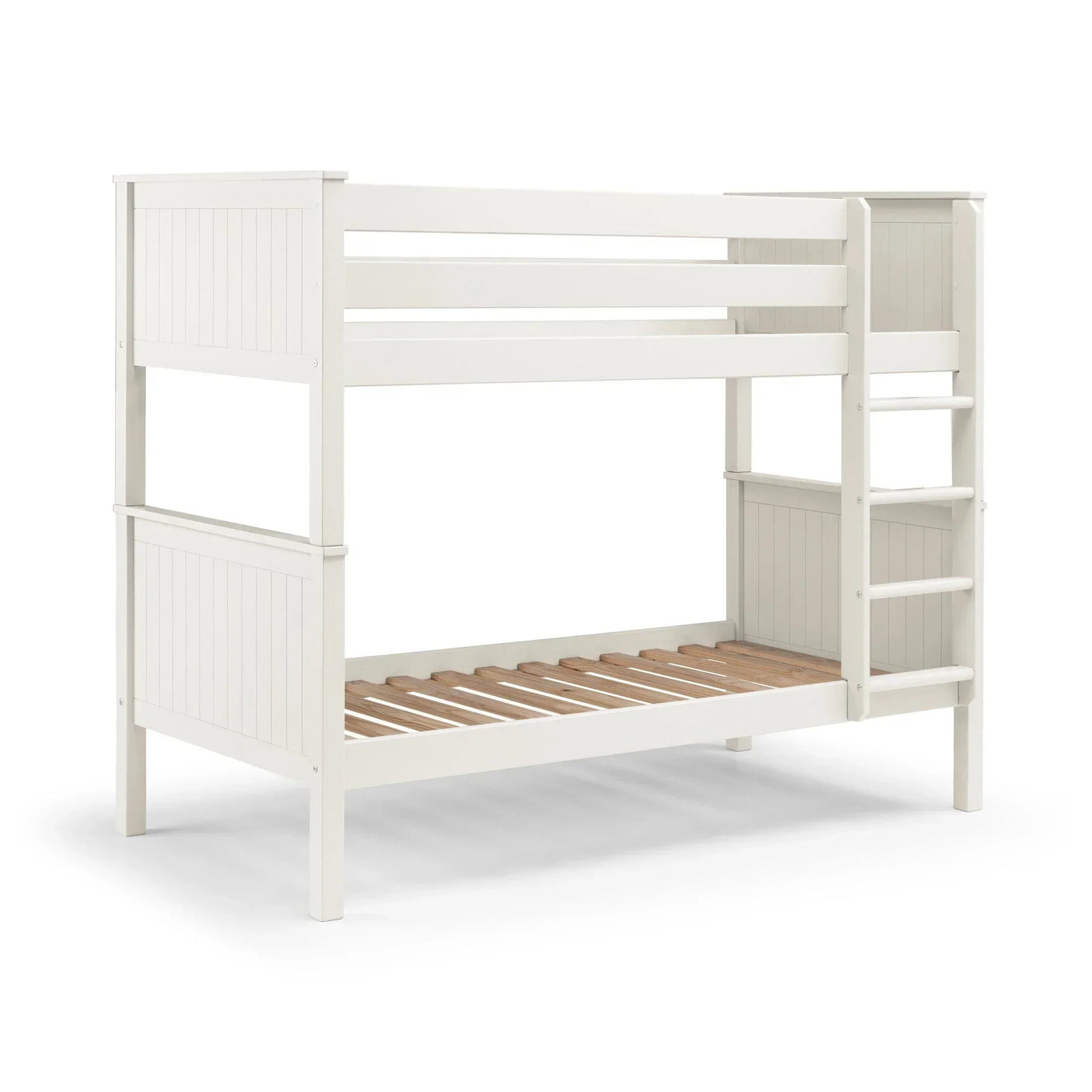 White wooden bunk bed with ladder and slatted base, shown at an angle on a white background