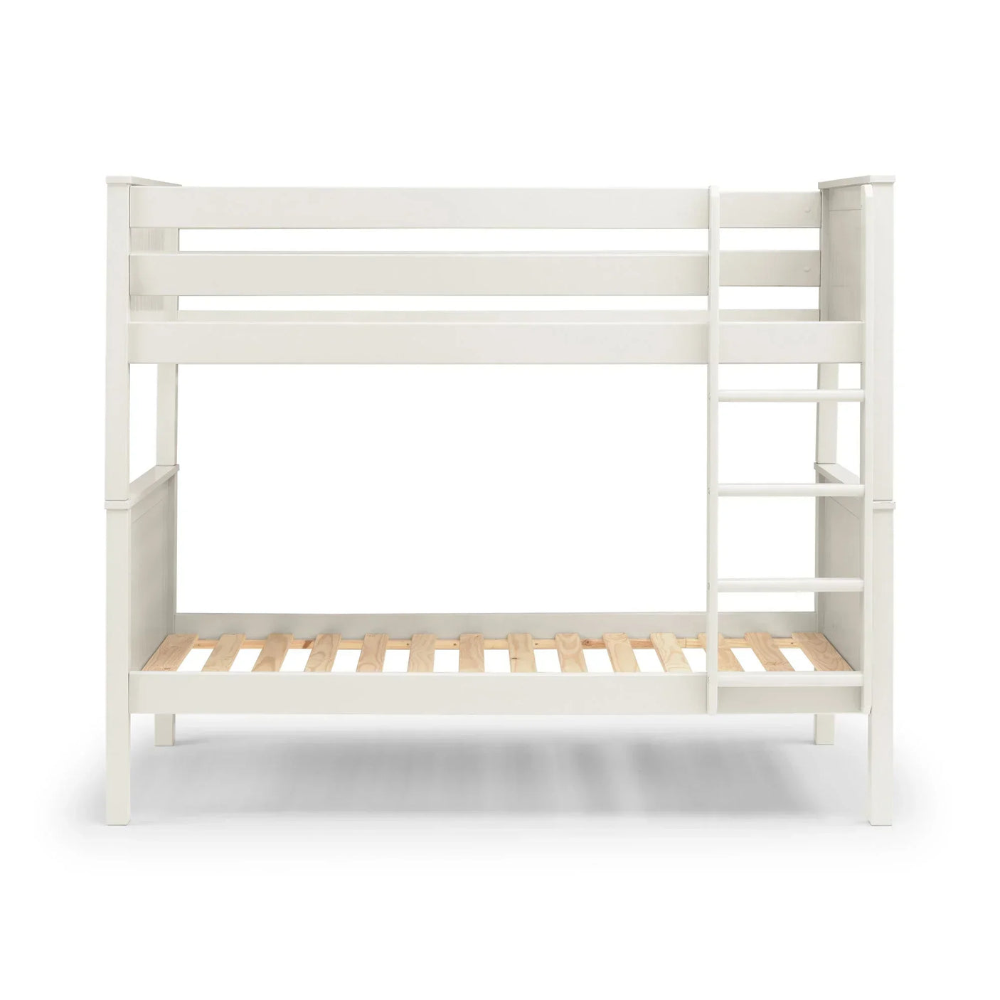 White wooden bunk bed with slatted base and ladder, front view