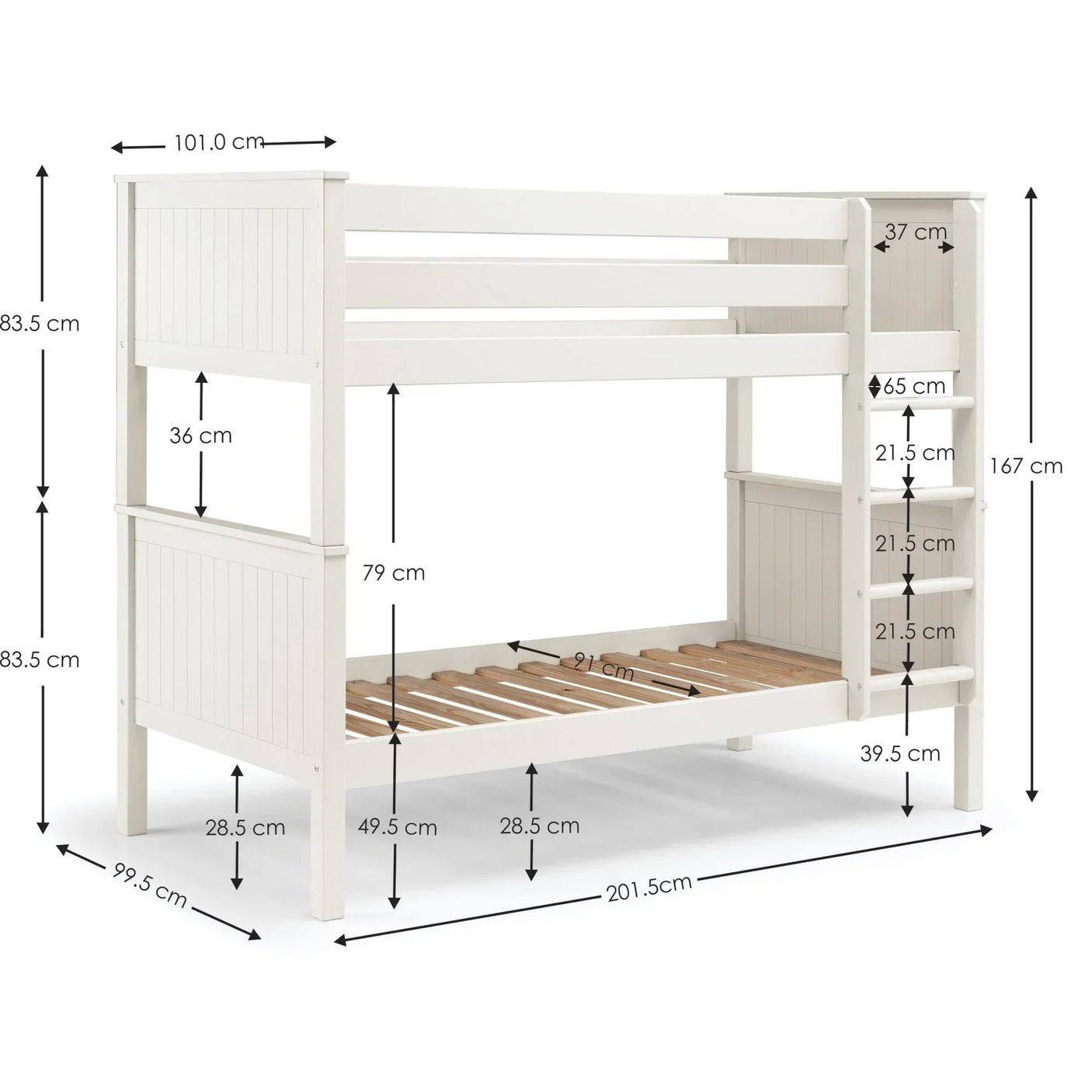 White wooden bunk bed with measurements, ladder on right, slatted bases, front angle view