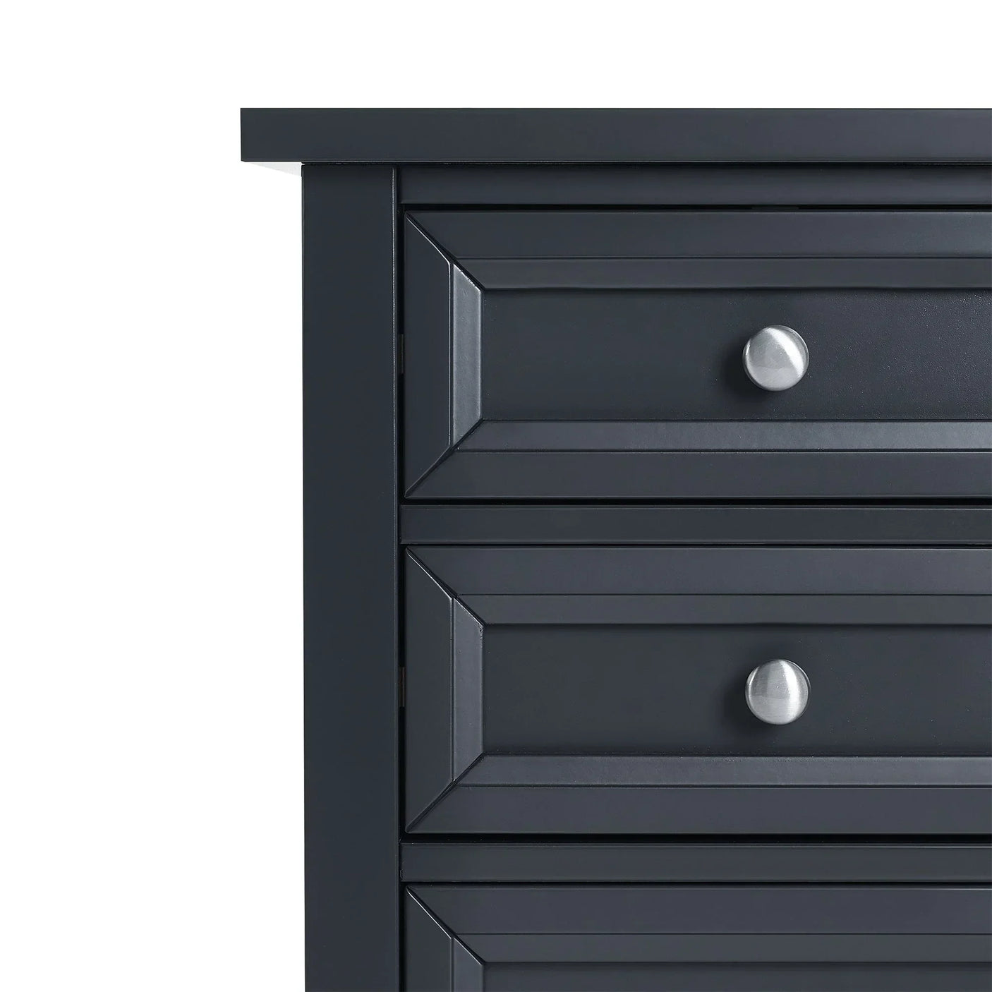 Anthracite three drawer bedside table with silver knobs, close view of drawers and trim