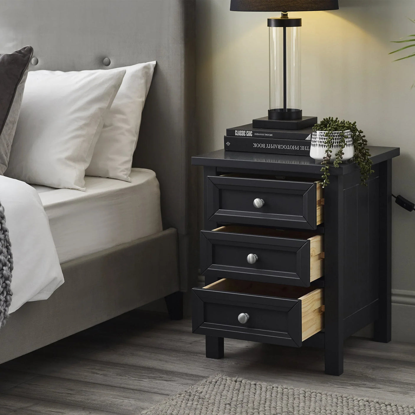 Maine 3 Drawer Bedside - Black - MAI151