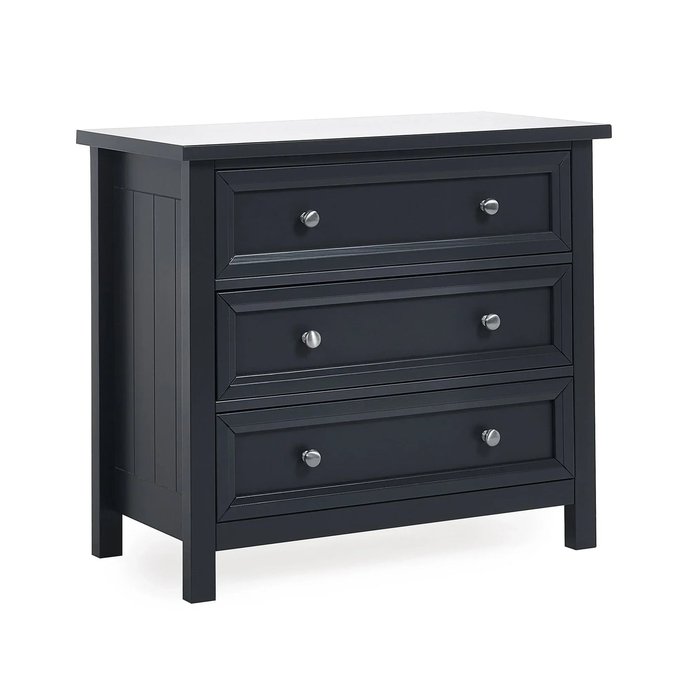 Anthracite three drawer wide chest with silver handles and paneled side detail