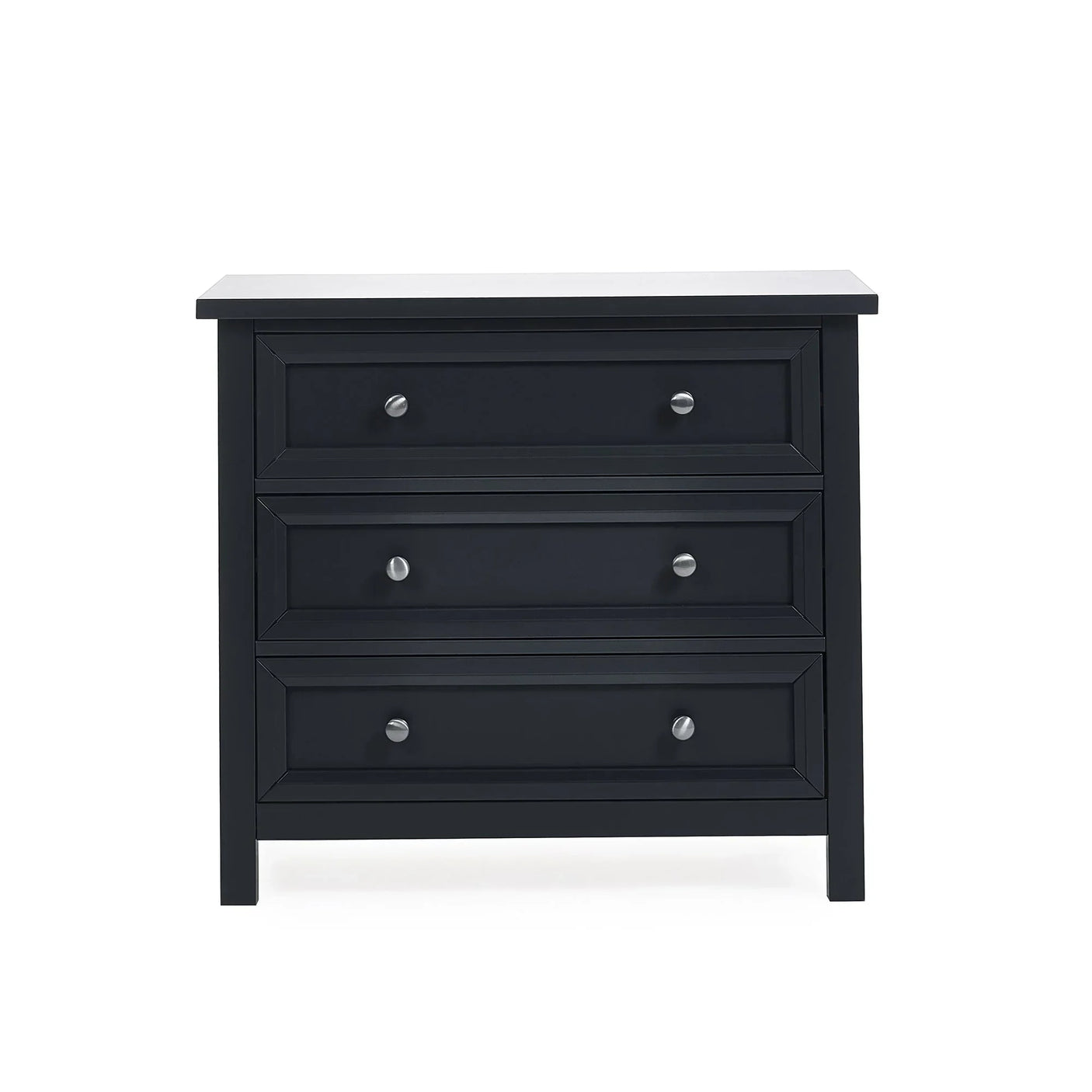 Anthracite three drawer wide chest with silver handles on white background