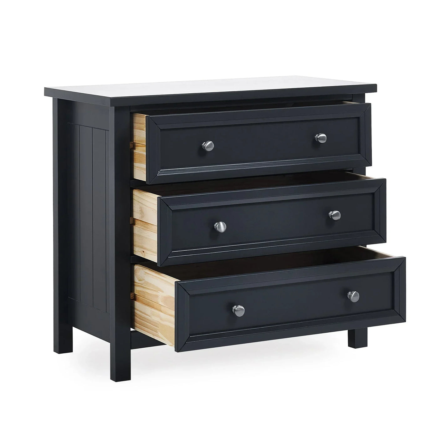 Anthracite three drawer wide chest with metal knobs, drawers partially open, side panel detail