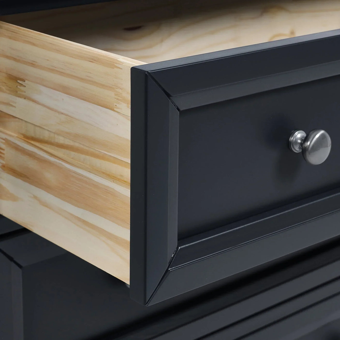 Maine 3 drawer chest in anthracite with close-up of open drawer and silver handle
